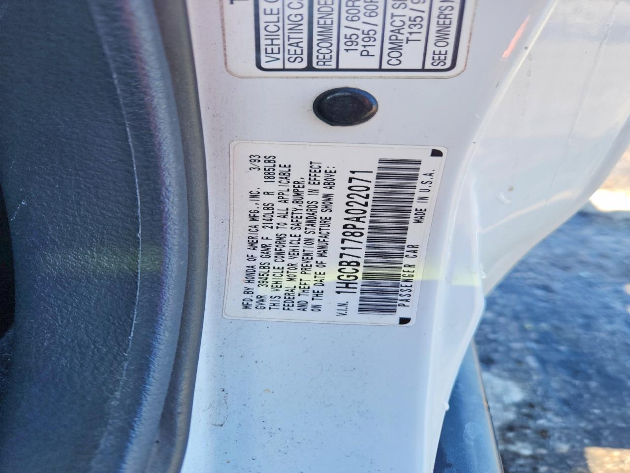 1993 Honda Accord Ex White vin: 1HGCB7178PA022071