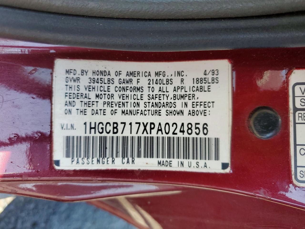 1993 Honda Accord Ex Burgundy vin: 1HGCB717XPA024856