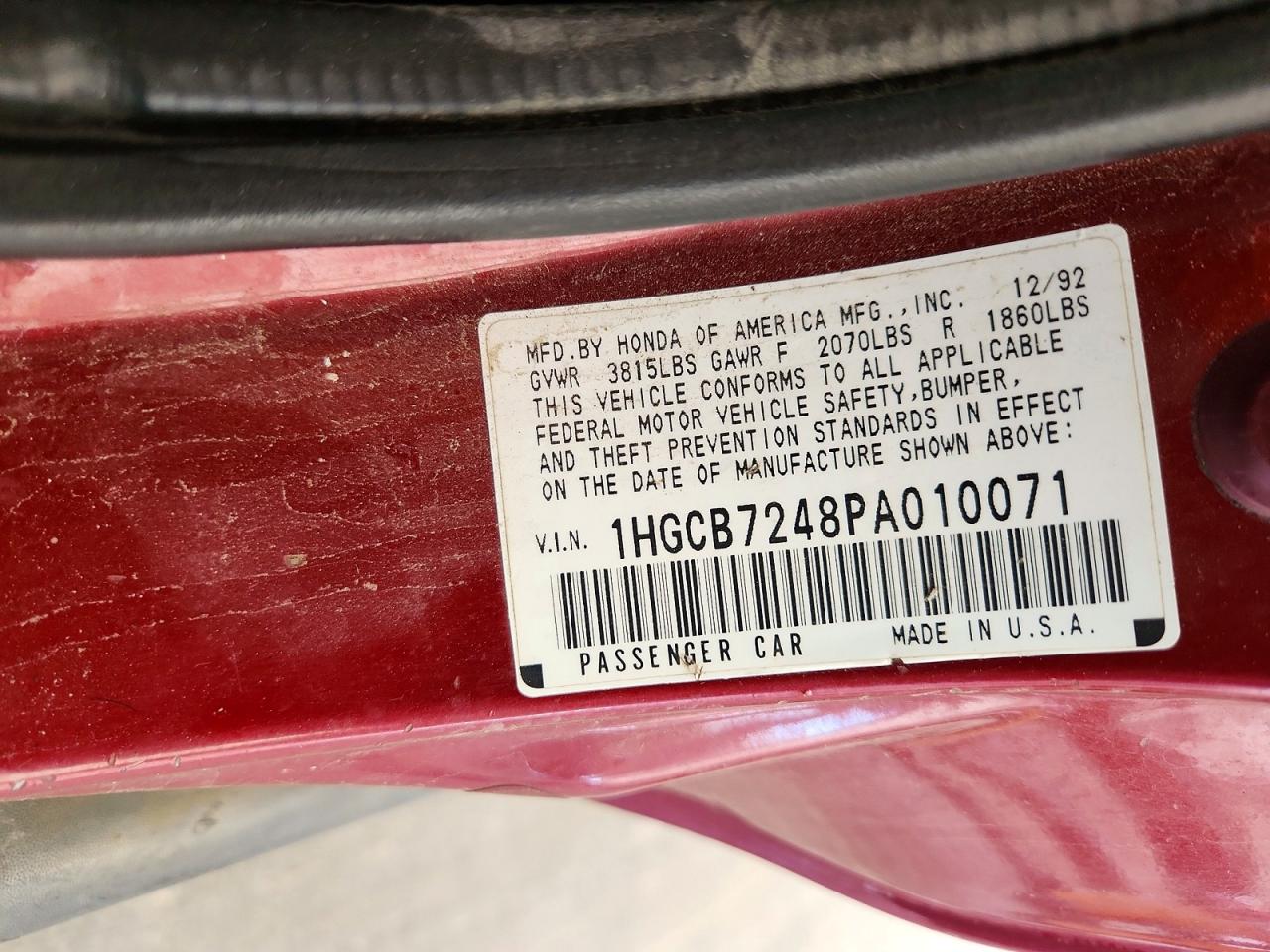 1993 Honda Accord Dx Red vin: 1HGCB7248PA010071