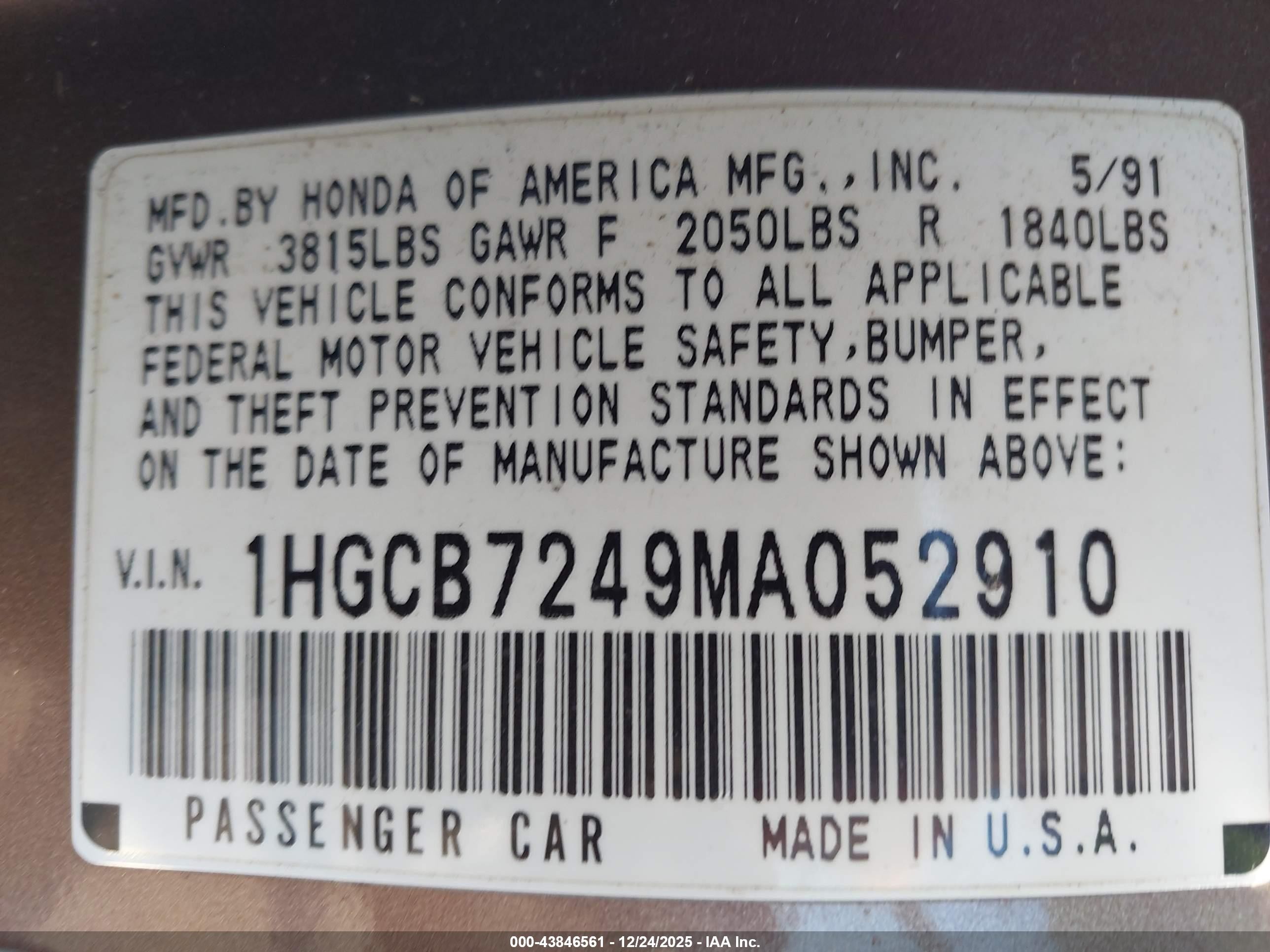 1991 Honda Accord Dx/lx Brown vin: 1HGCB7249MA052910
