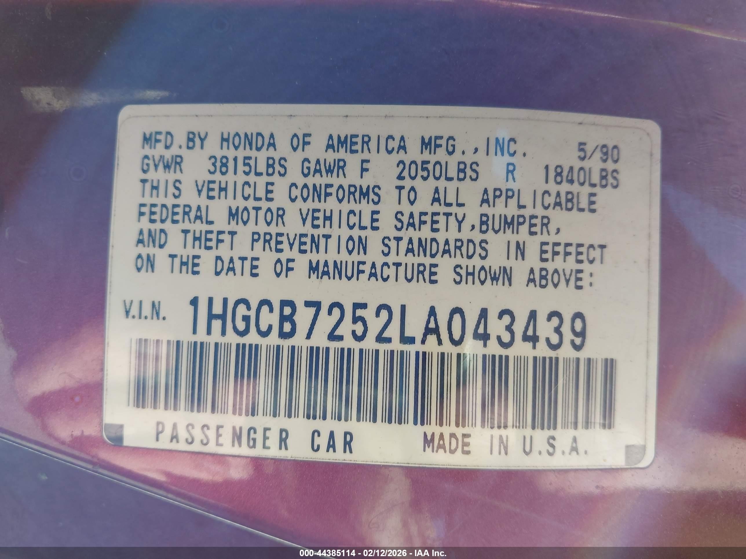 1990 Honda Accord Lx Red vin: 1HGCB7252LA043439