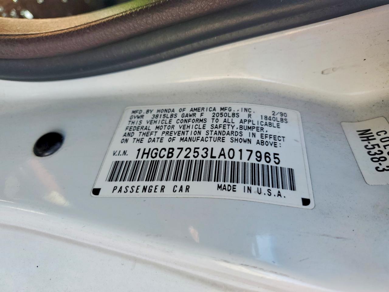 1990 Honda Accord Lx White vin: 1HGCB7253LA017965