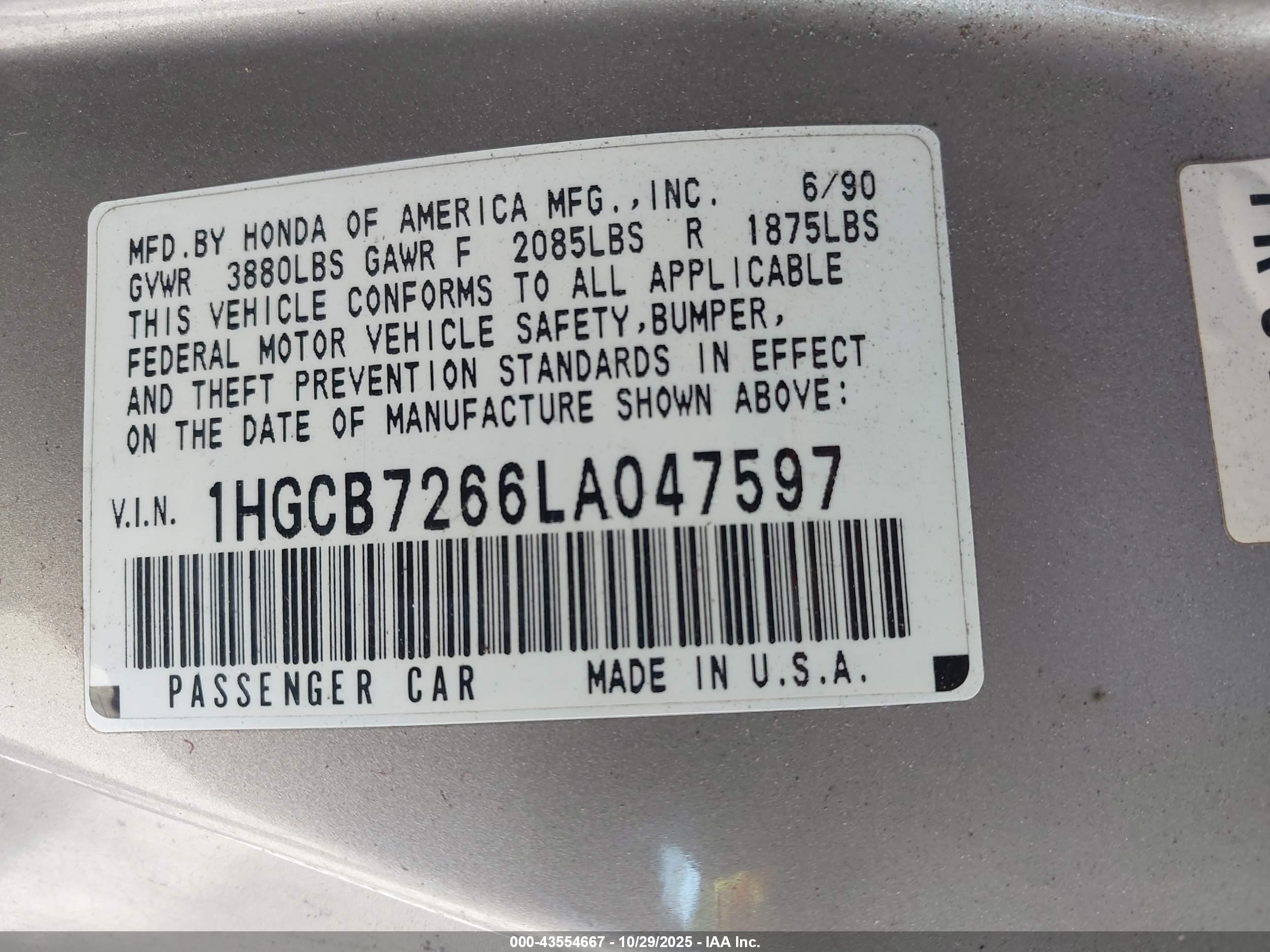 1990 Honda Accord Ex/ex-r Gold vin: 1HGCB7266LA047597