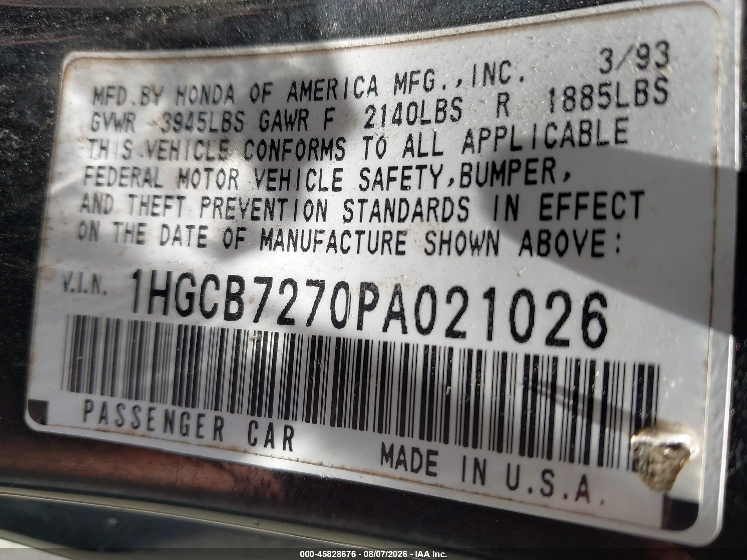 1993 Honda Accord Ex Серый vin: 1HGCB7270PA021026