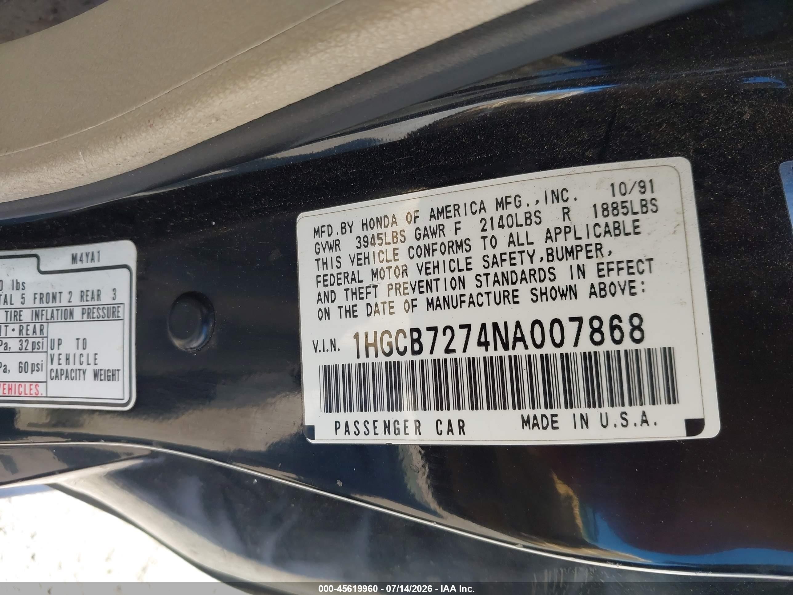 1992 Honda Accord Ex Black vin: 1HGCB7274NA007868