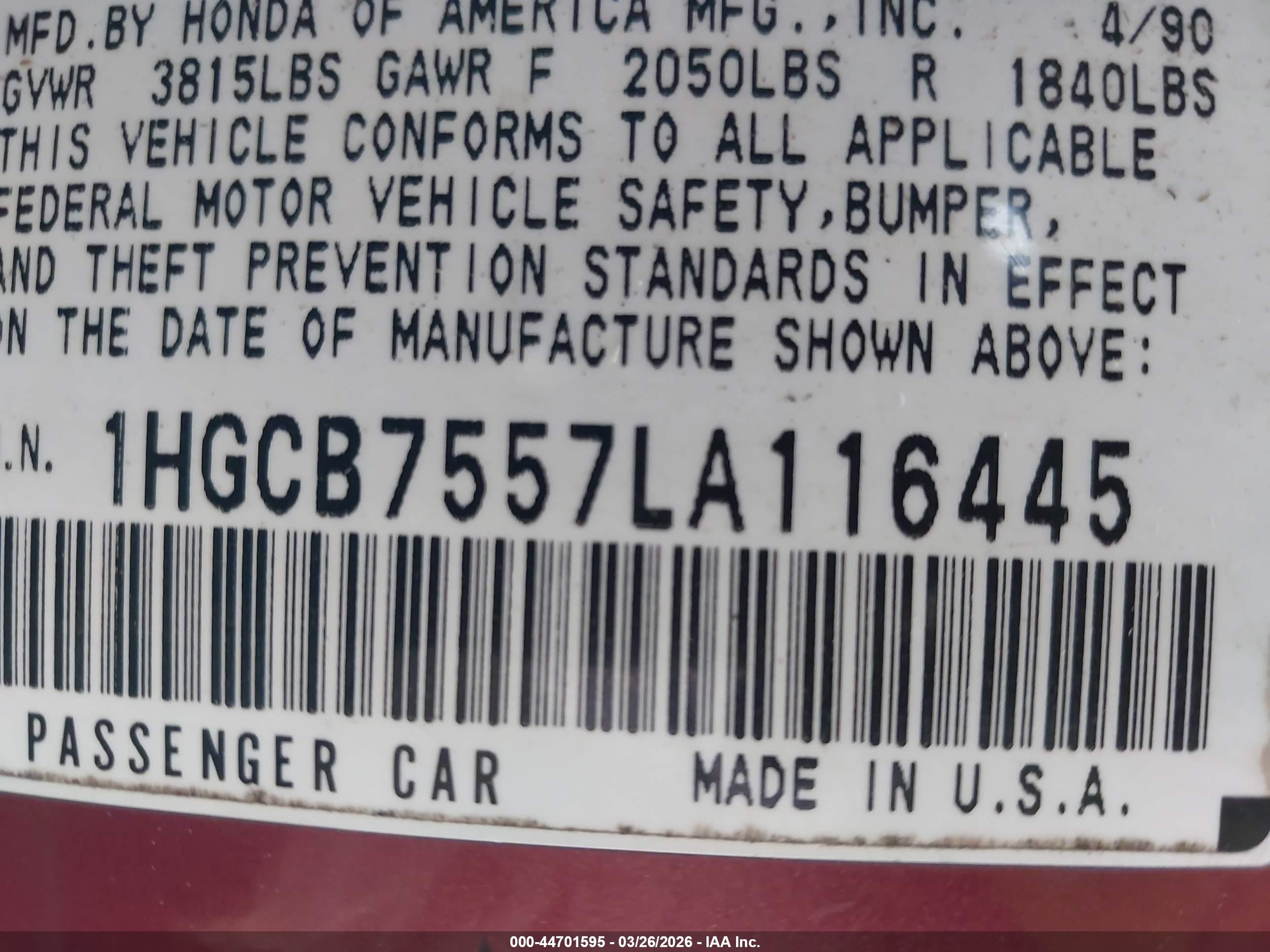 1990 Honda Accord Lx/ex Maroon vin: 1HGCB7557LA116445