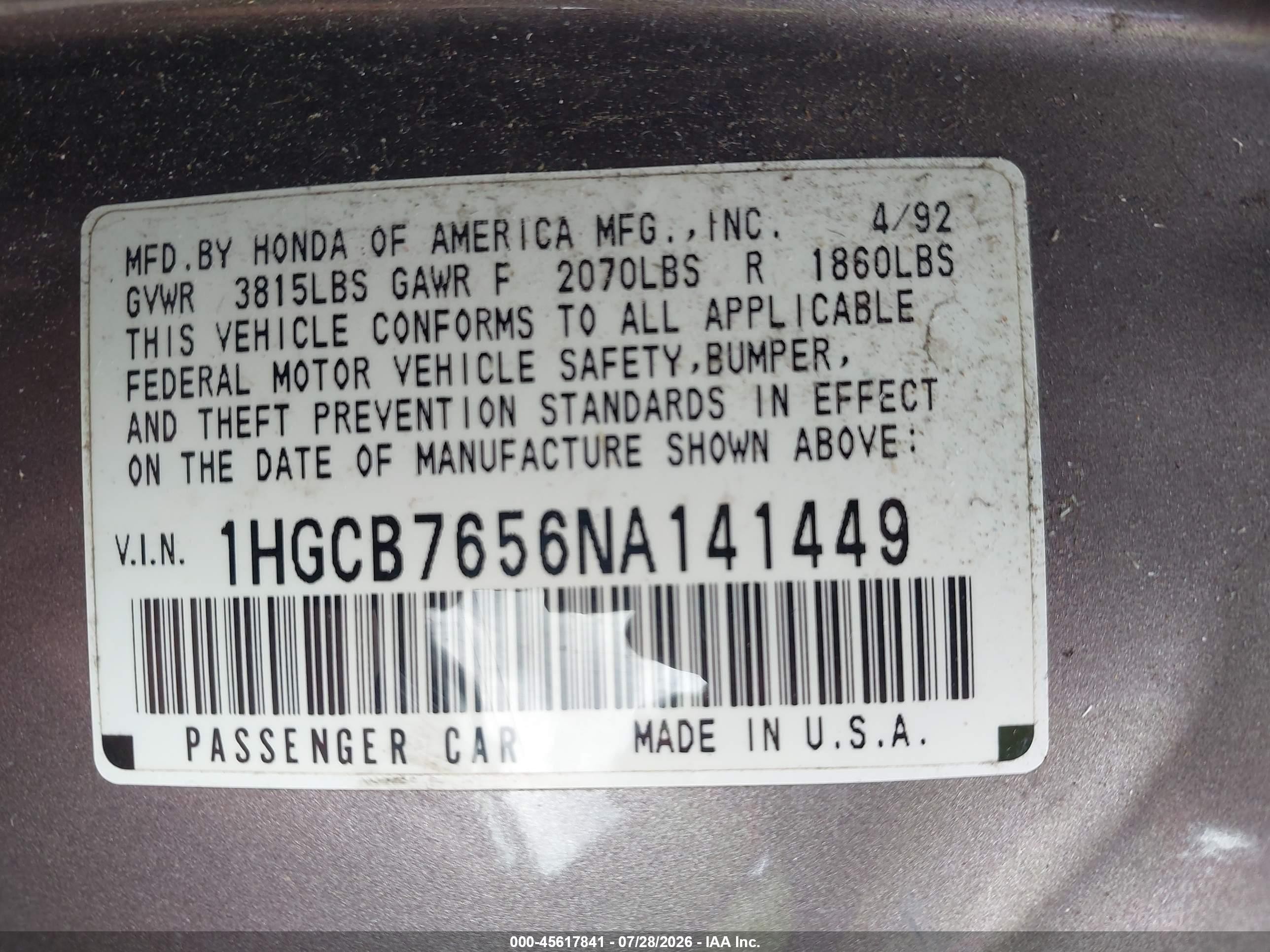 1992 Honda Accord Lx Brown vin: 1HGCB7656NA141449