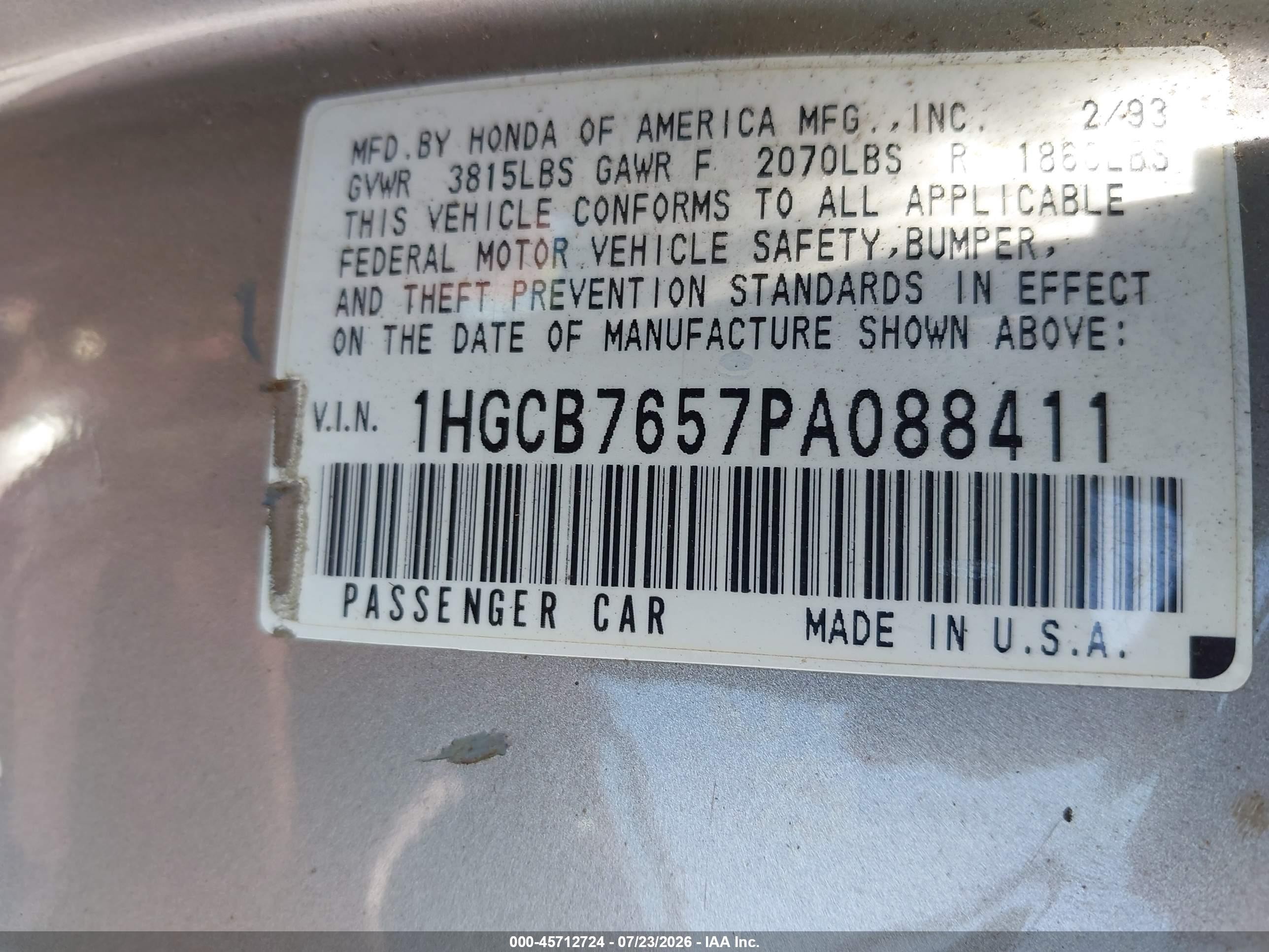 1993 Honda Accord Lx Gray vin: 1HGCB7657PA088411