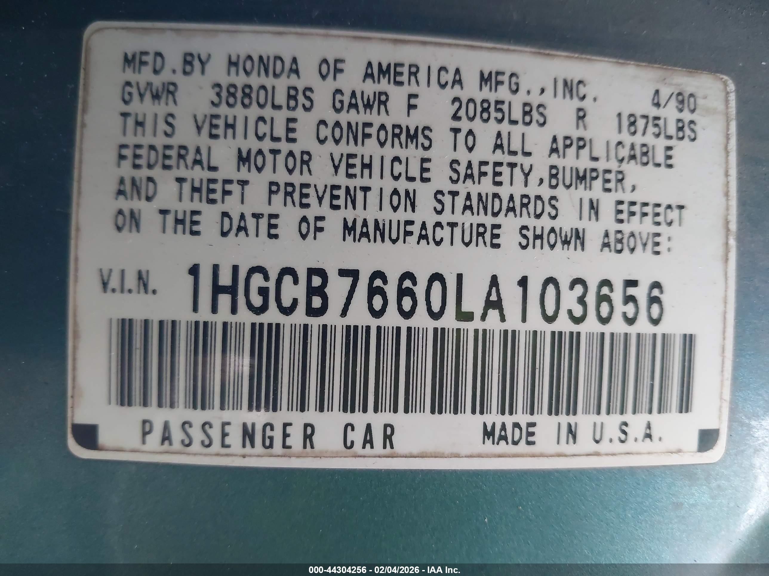 1990 Honda Accord Ex/ex-r Зеленый vin: 1HGCB7660LA103656