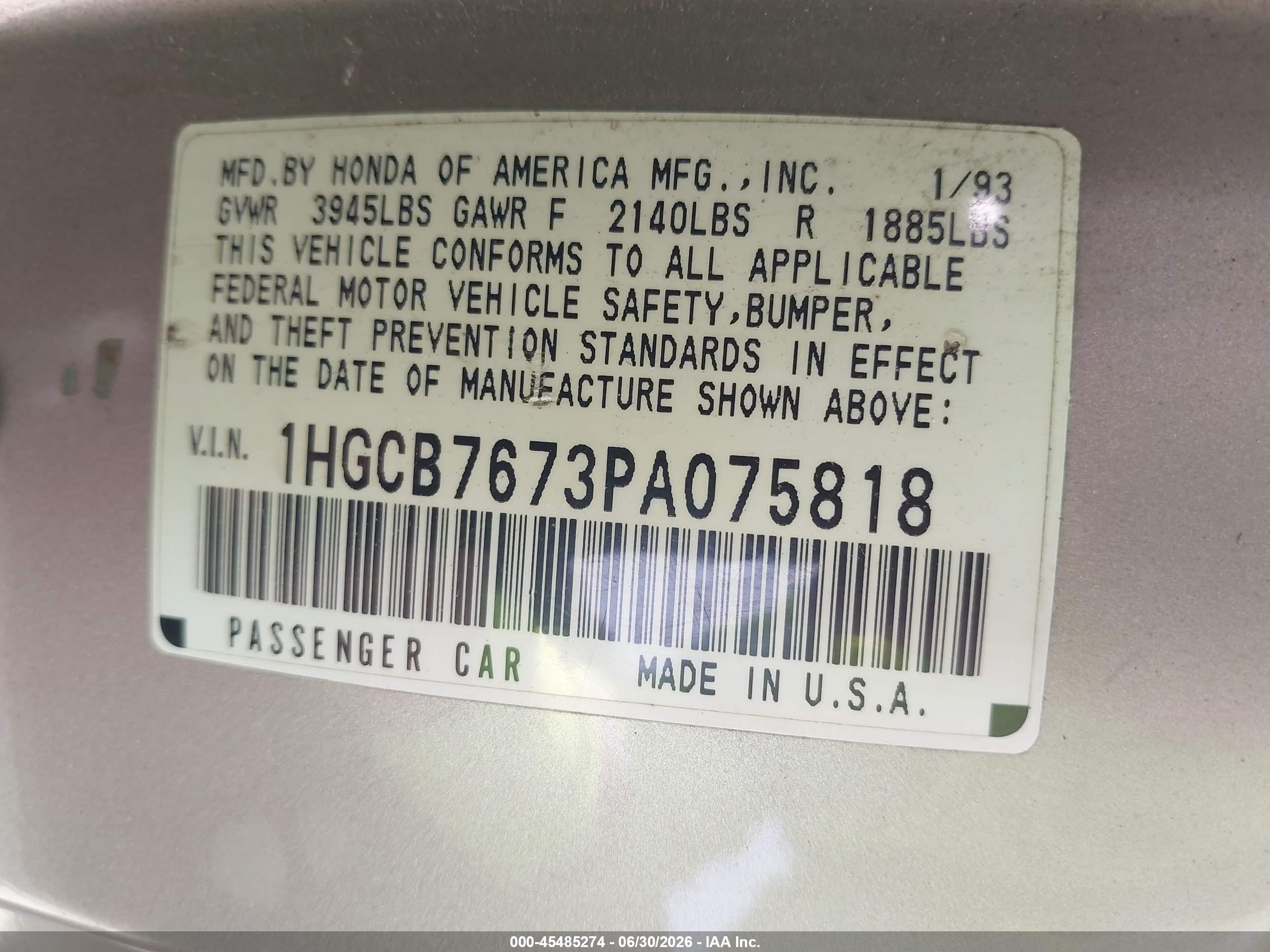 1993 Honda Accord Ex Silver vin: 1HGCB7673PA075818
