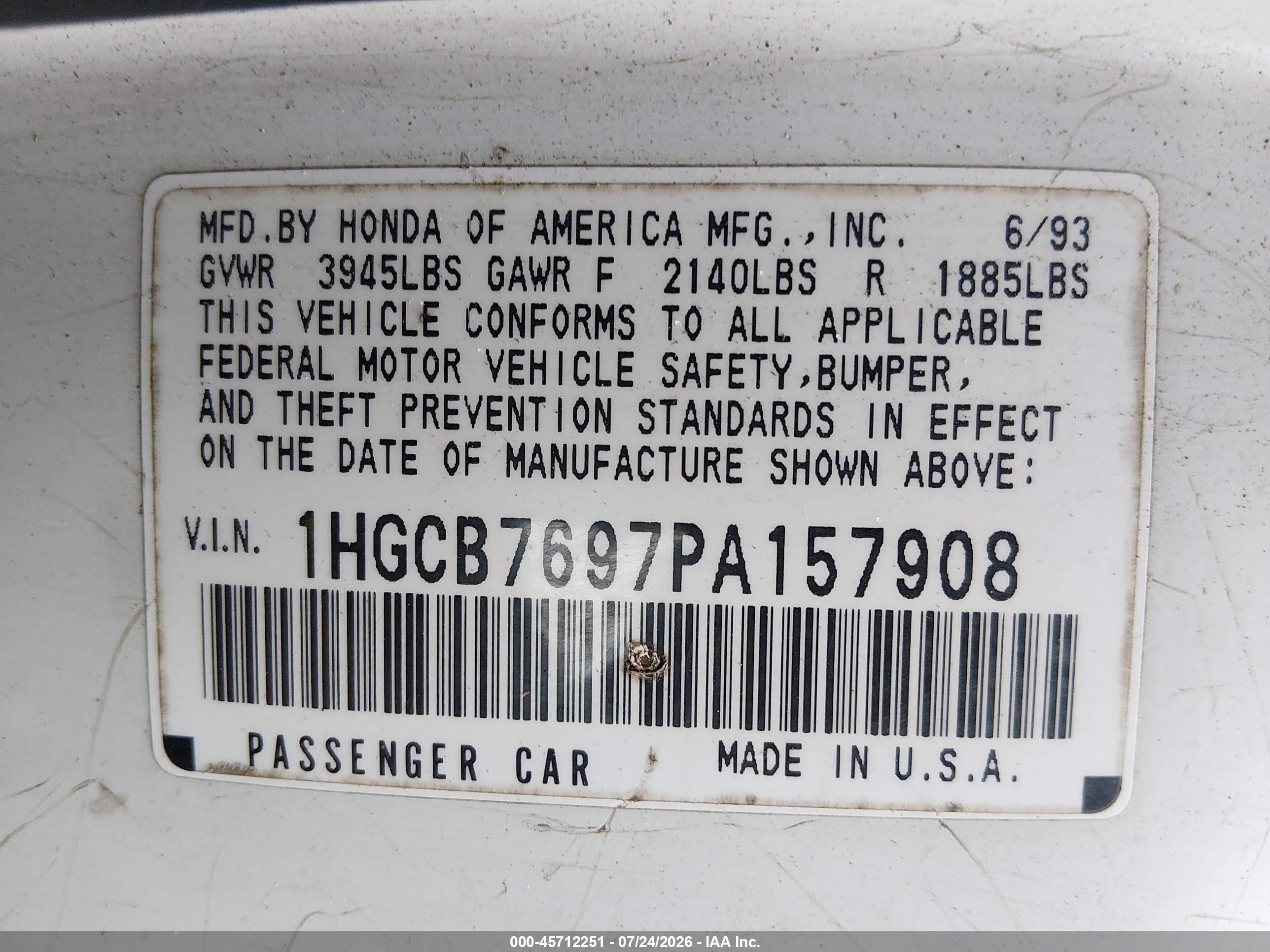 1993 Honda Accord 10th Anniversary White vin: 1HGCB7697PA157908