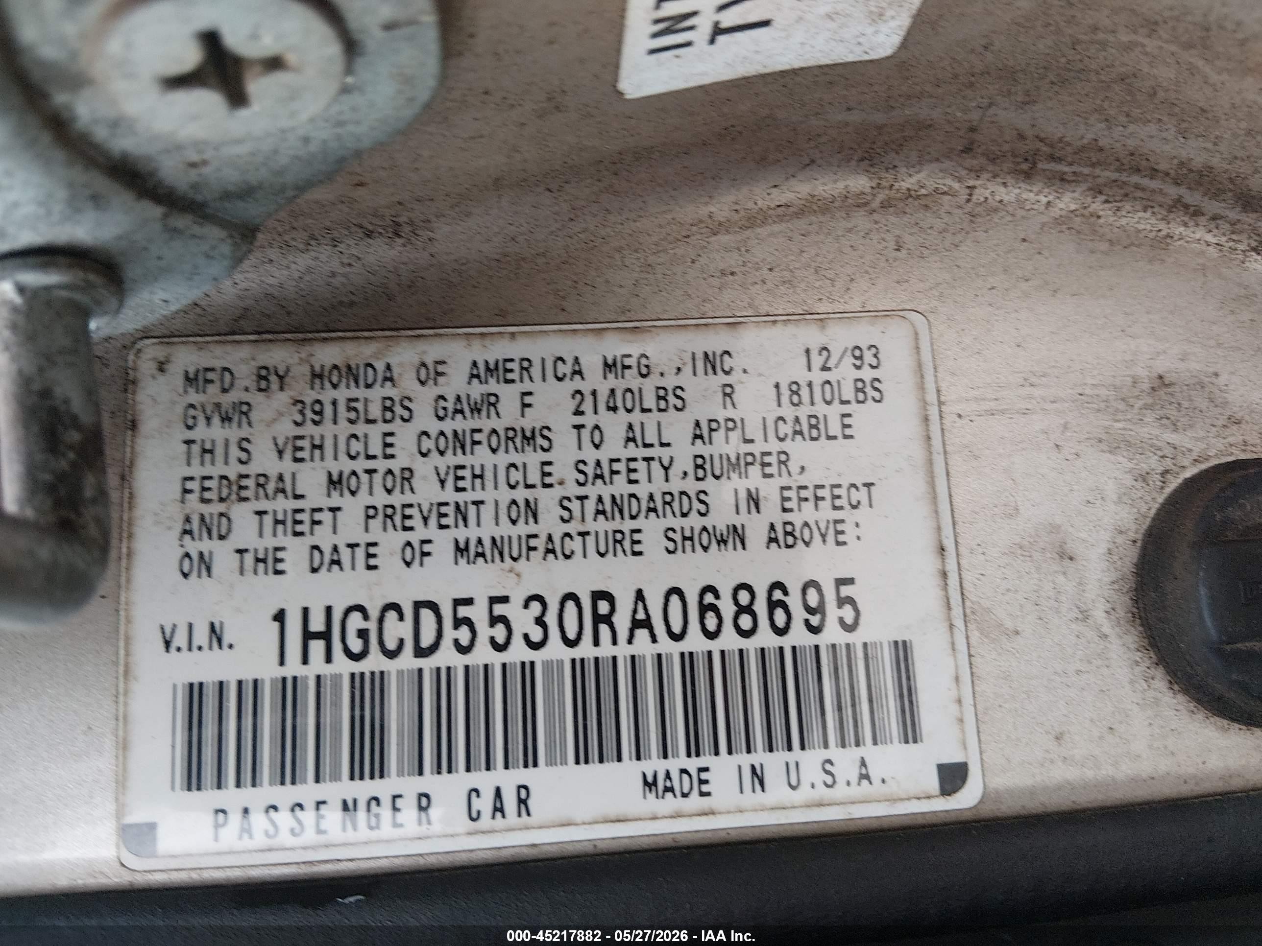 1994 Honda Accord Lx/ex Gold vin: 1HGCD5530RA068695
