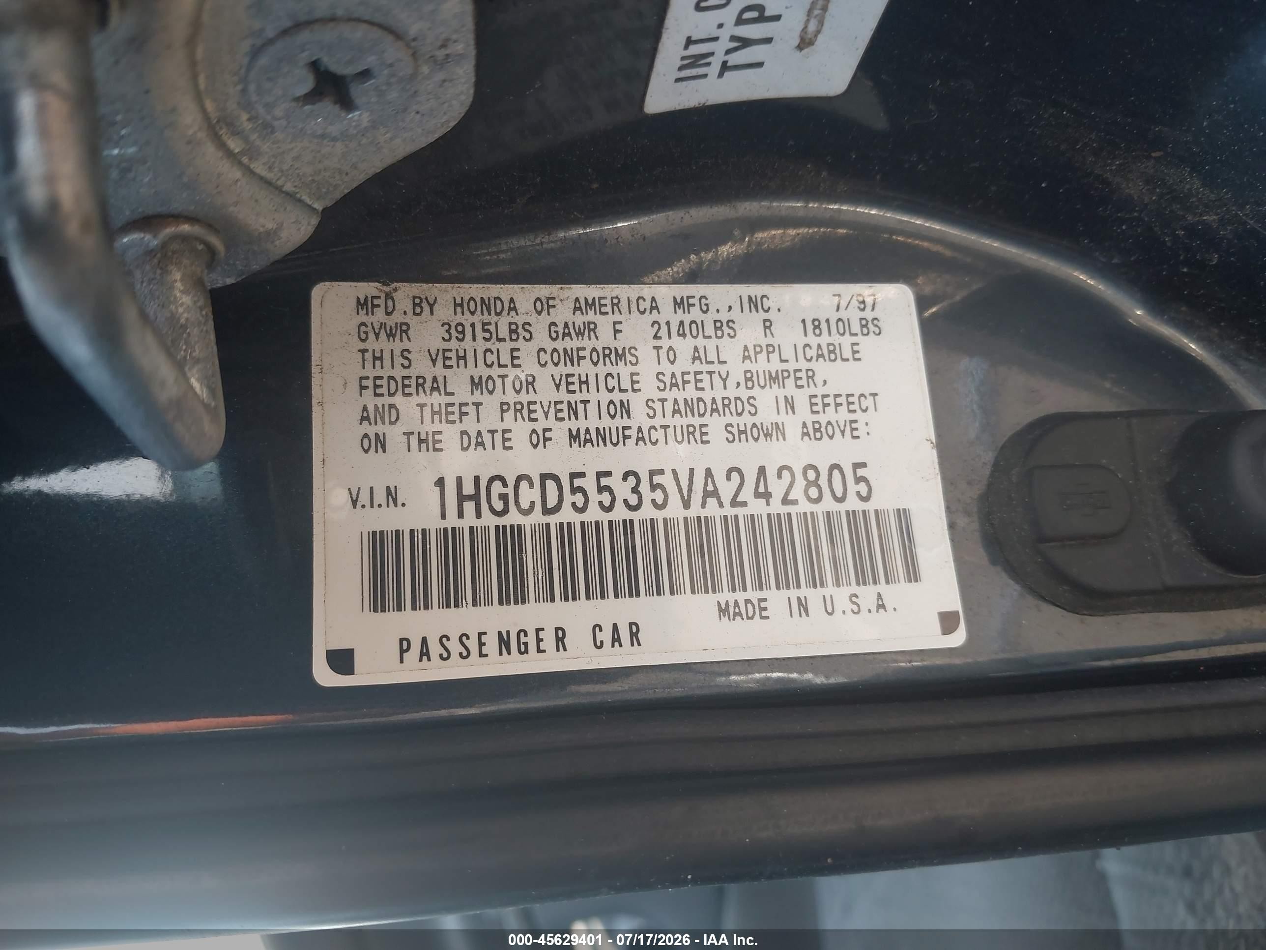 1997 Honda Accord Lx Black vin: 1HGCD5535VA242805