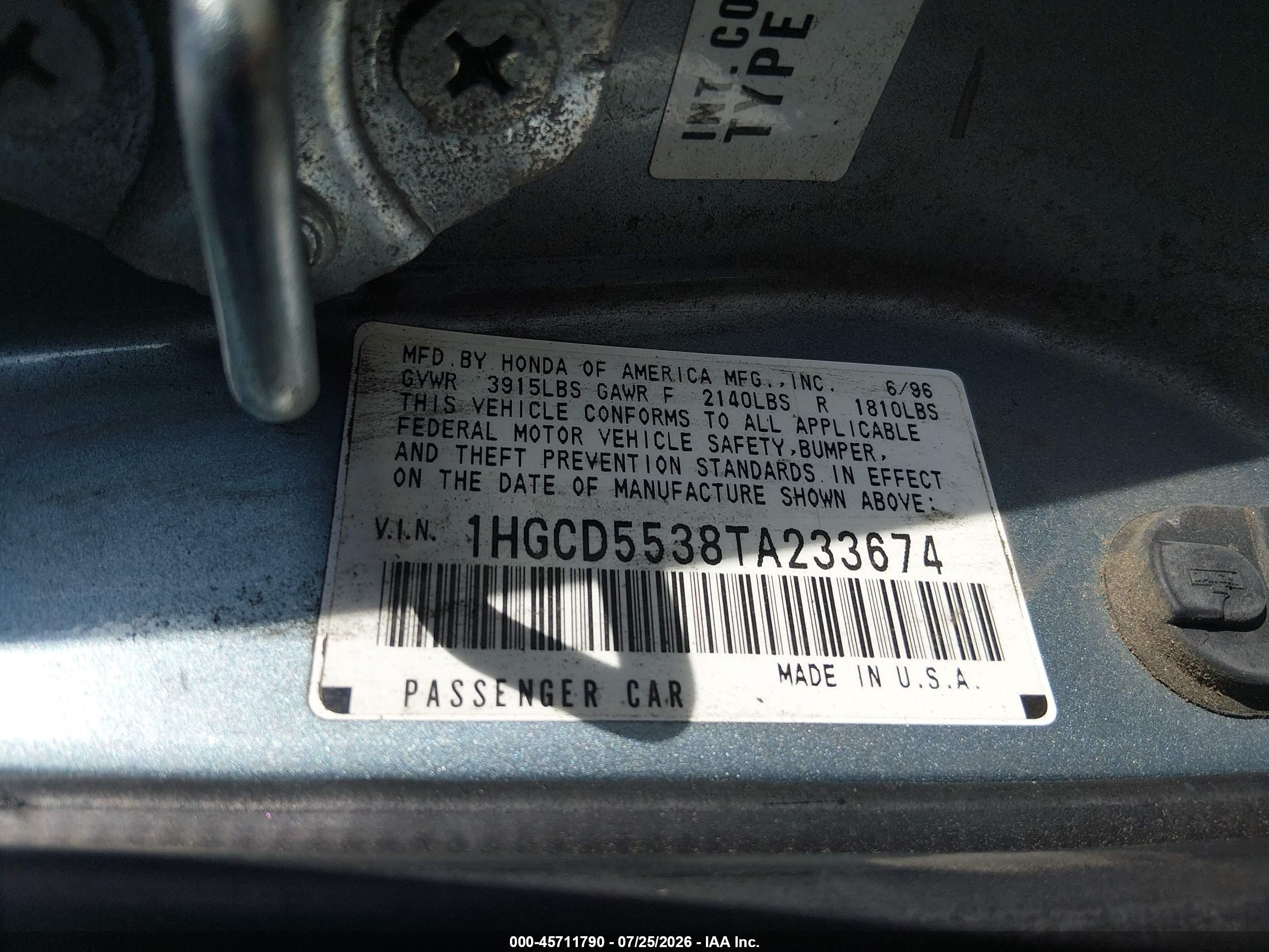 1996 Honda Accord Lx/ex Blue vin: 1HGCD5538TA233674