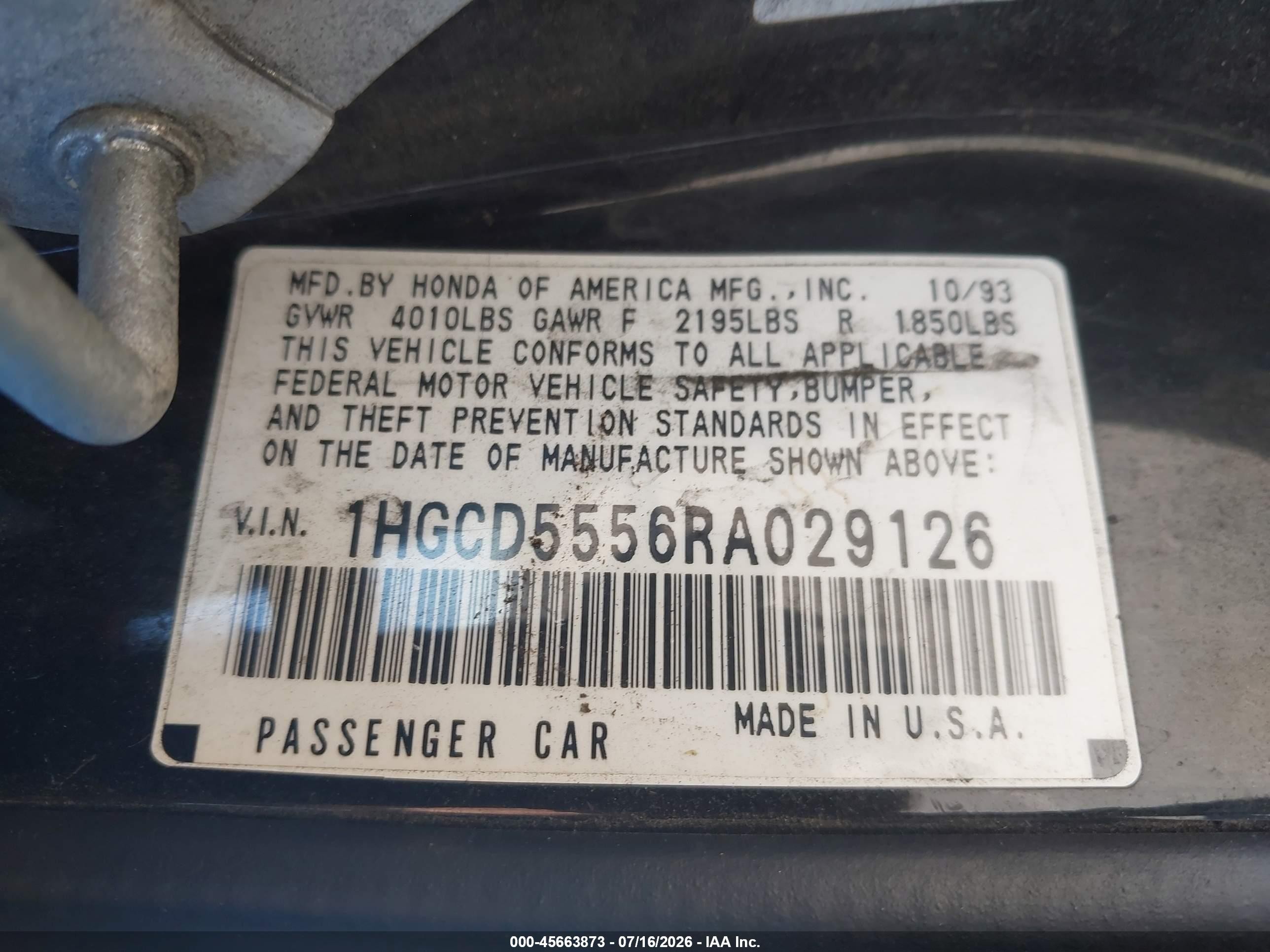 1994 Honda Accord Ex/ex-r Black vin: 1HGCD5556RA029126
