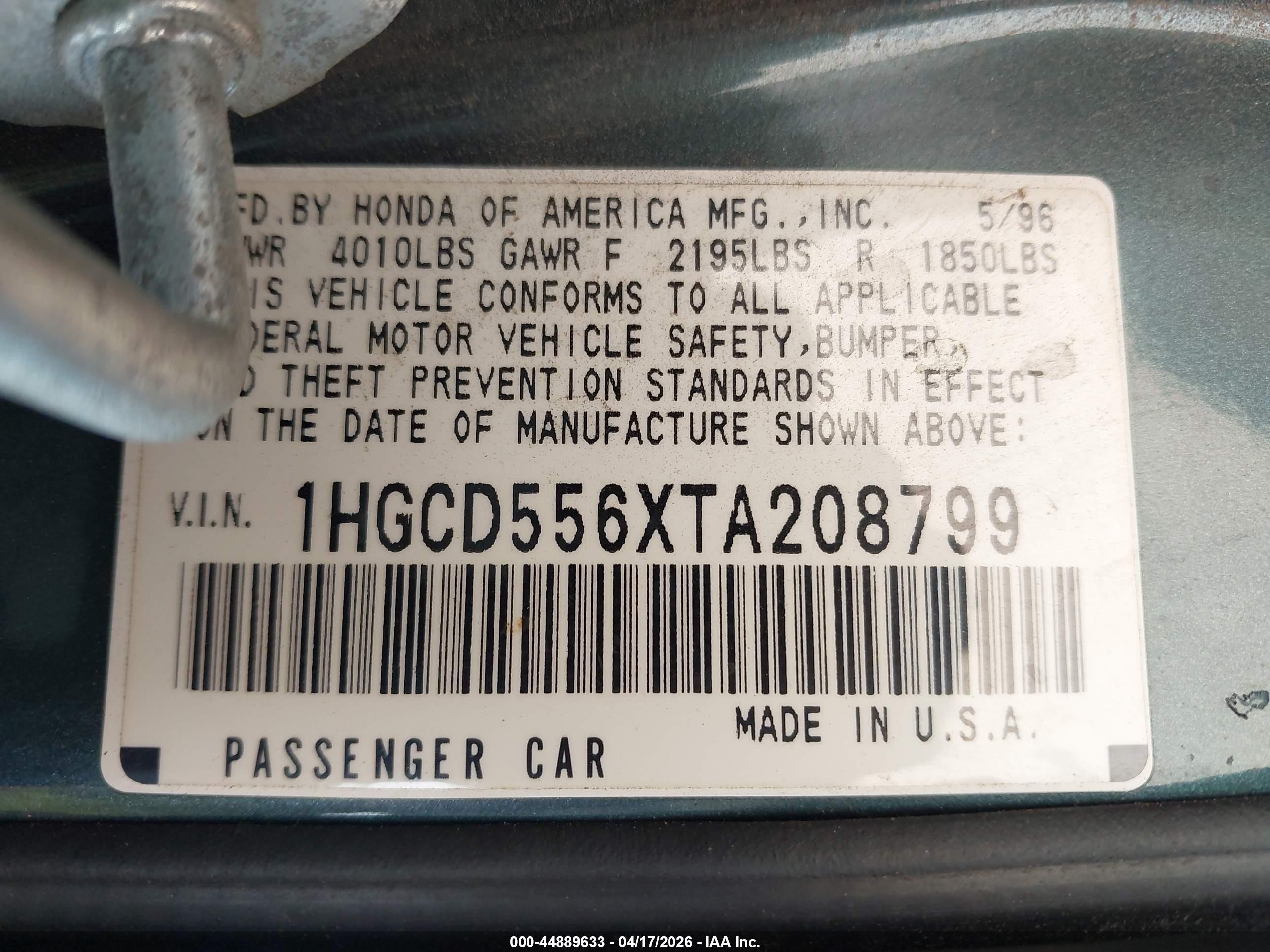 1996 Honda Accord Ex Gray vin: 1HGCD556XTA208799