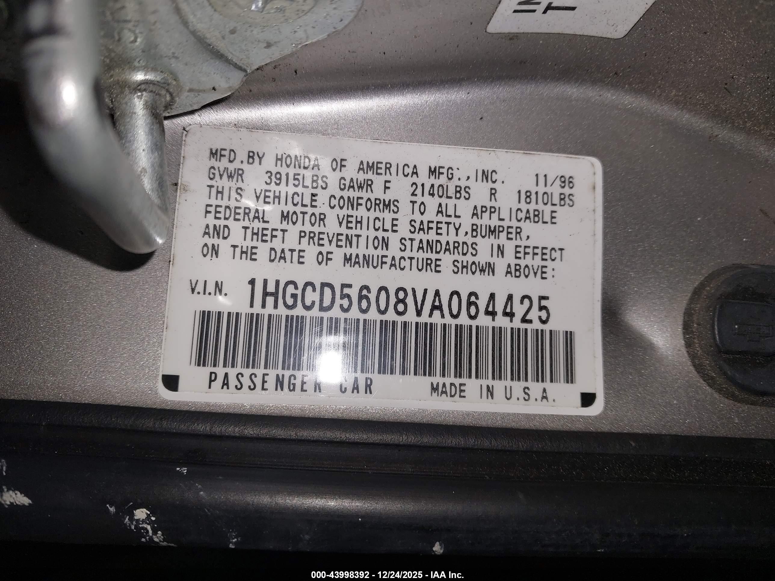 1997 Honda Accord Se Gray vin: 1HGCD5608VA064425