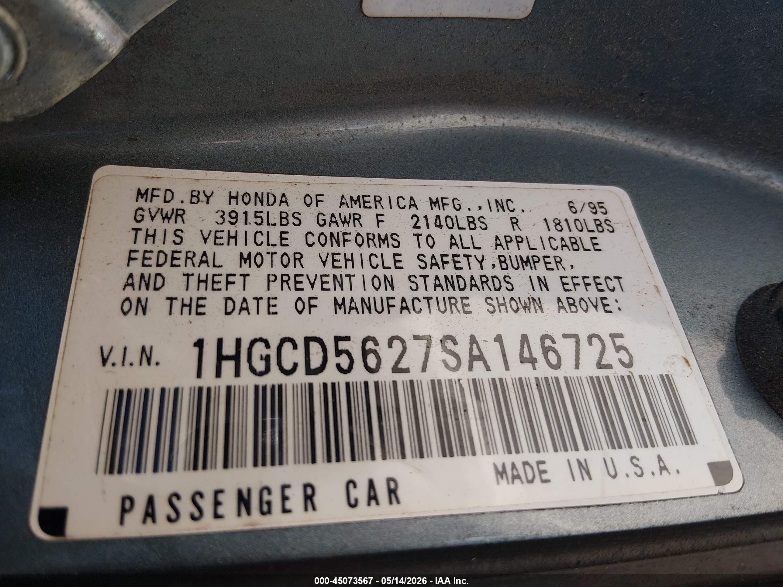1995 Honda Accord Dx Light Blue vin: 1HGCD5627SA146725