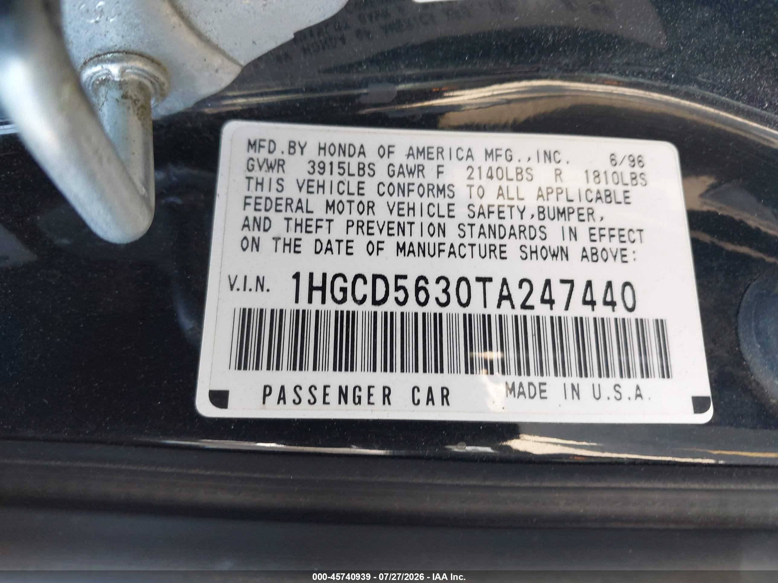 1996 Honda Accord Lx/ex Черный vin: 1HGCD5630TA247440