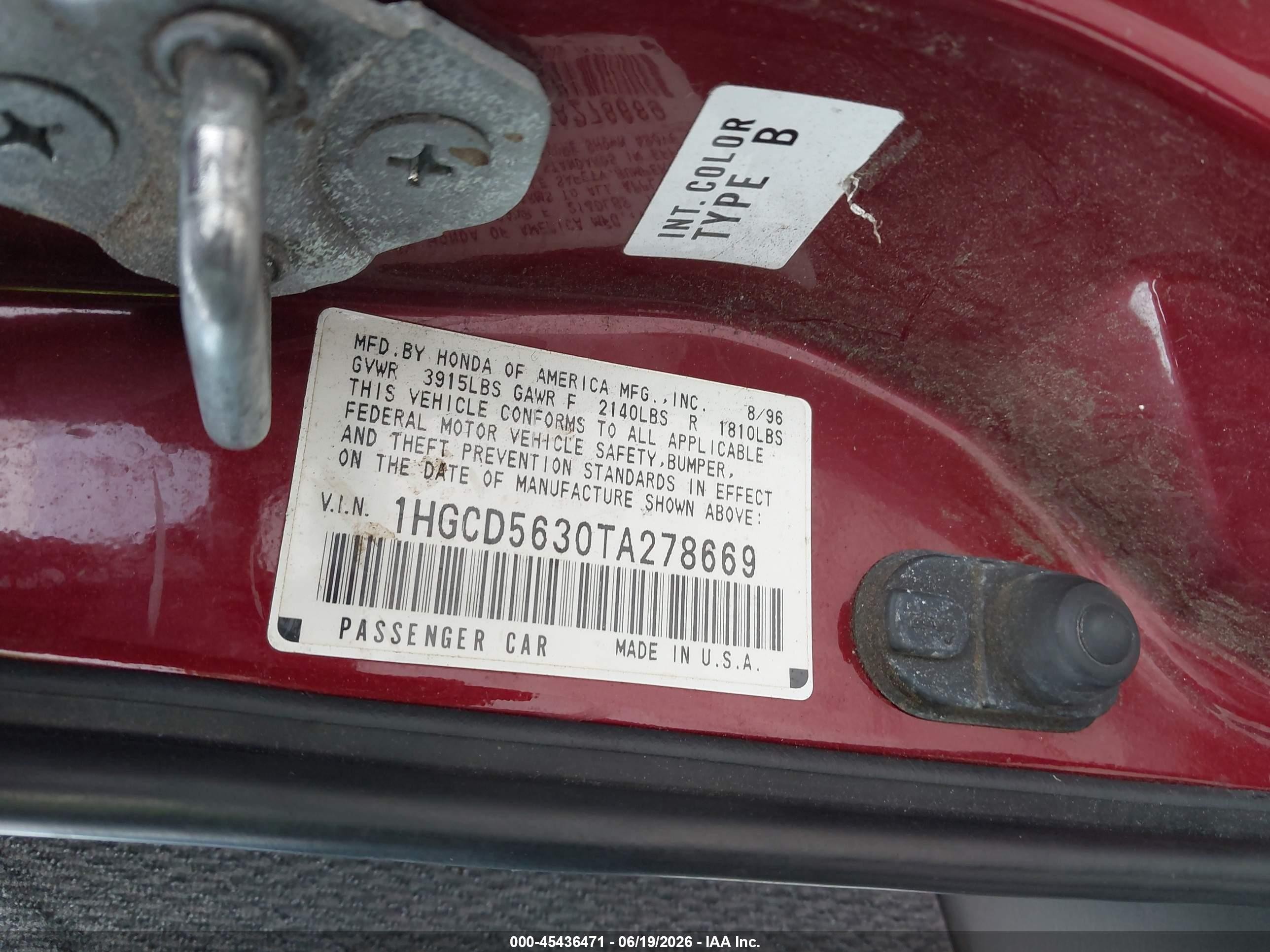 1996 Honda Accord Lx/ex Burgundy vin: 1HGCD5630TA278669