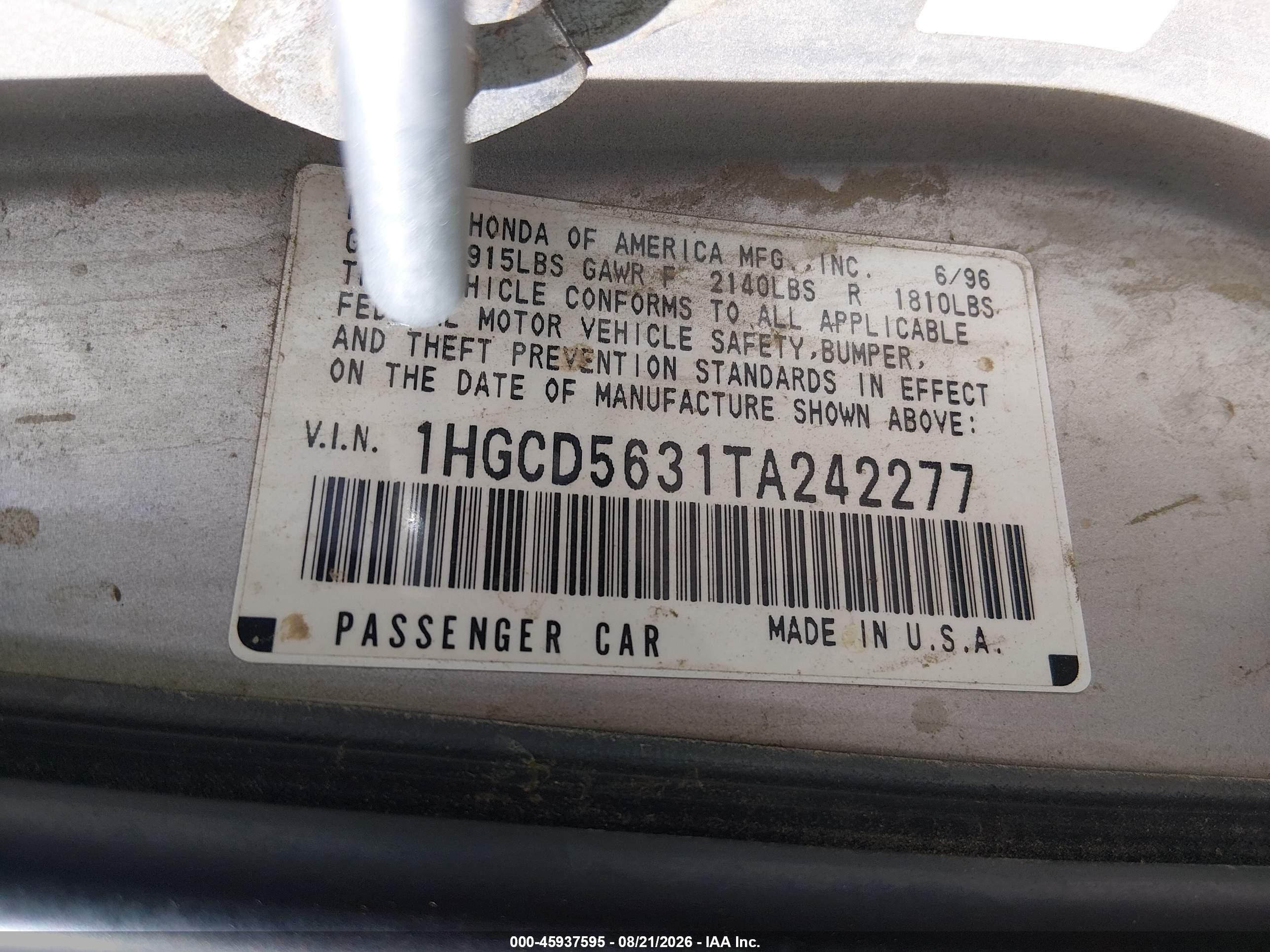 1996 Honda Accord Lx/ex Gray vin: 1HGCD5631TA242277