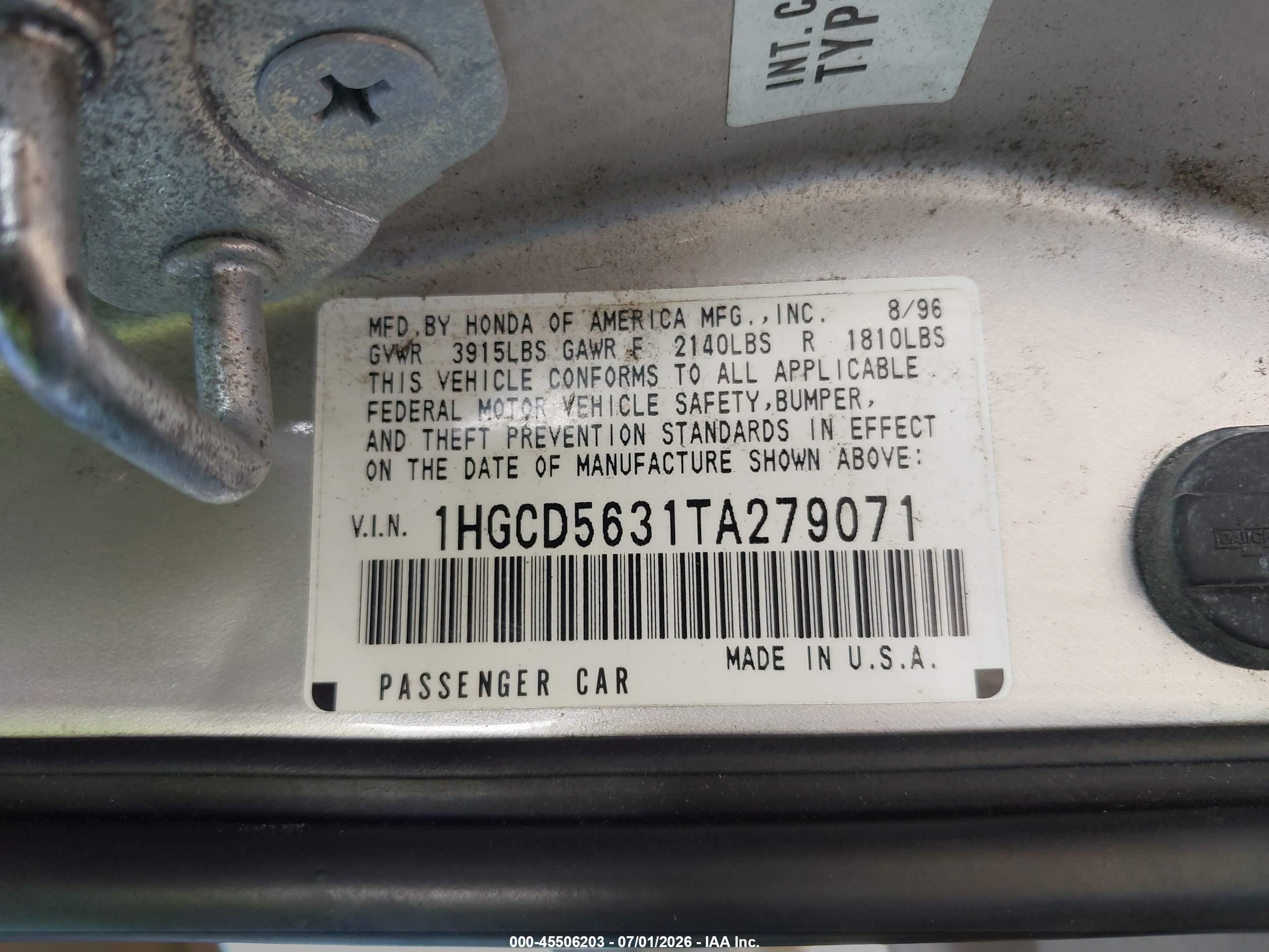 1996 Honda Accord Lx/ex Gold vin: 1HGCD5631TA279071
