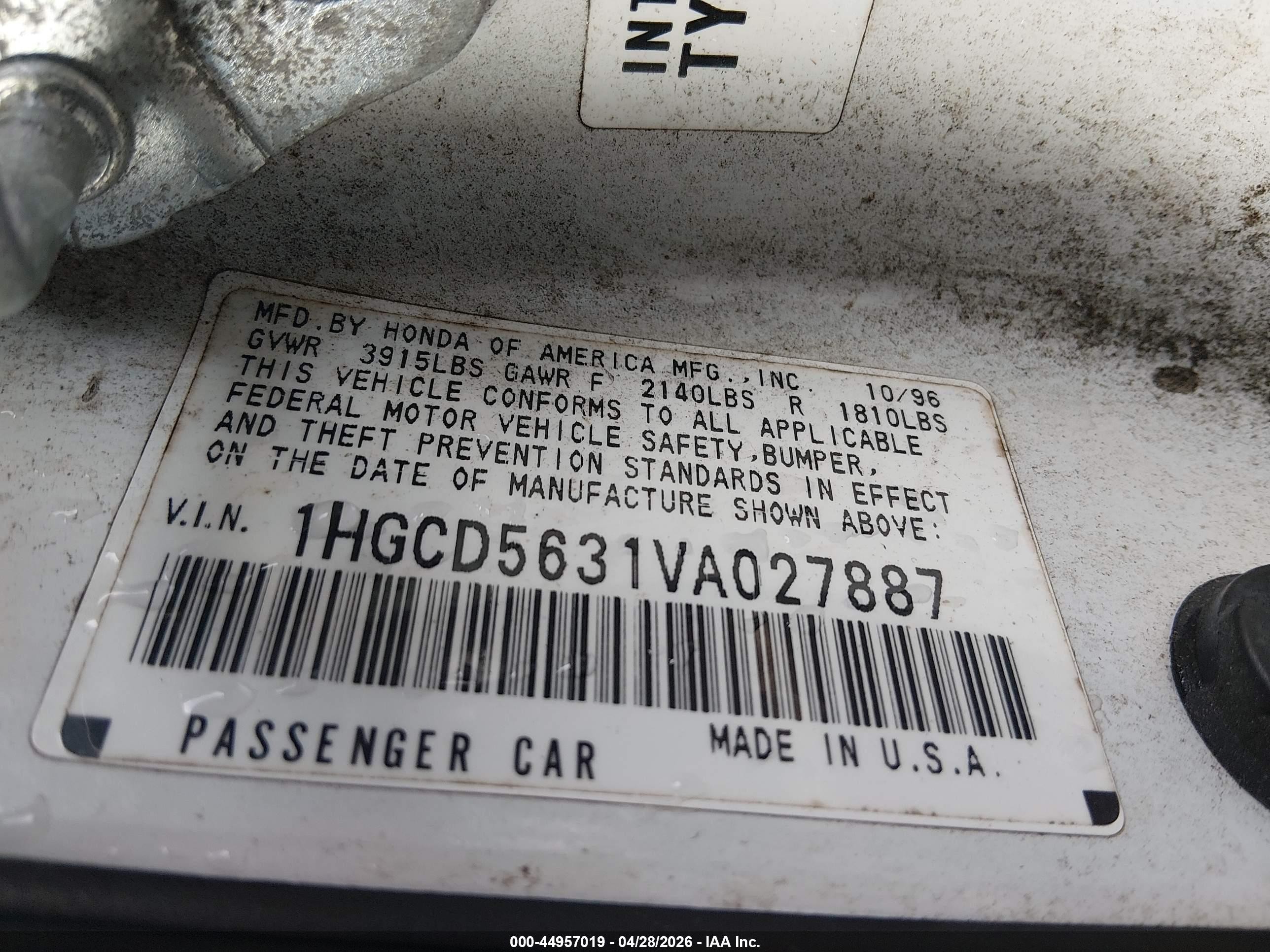 1997 Honda Accord Lx Белый vin: 1HGCD5631VA027887