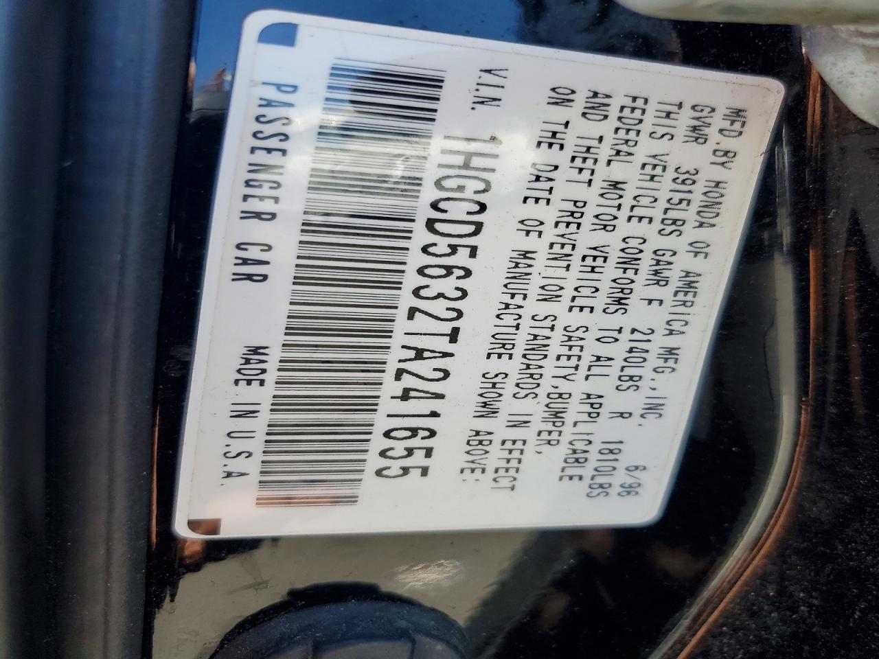 1996 Honda Accord Lx Black vin: 1HGCD5632TA241655