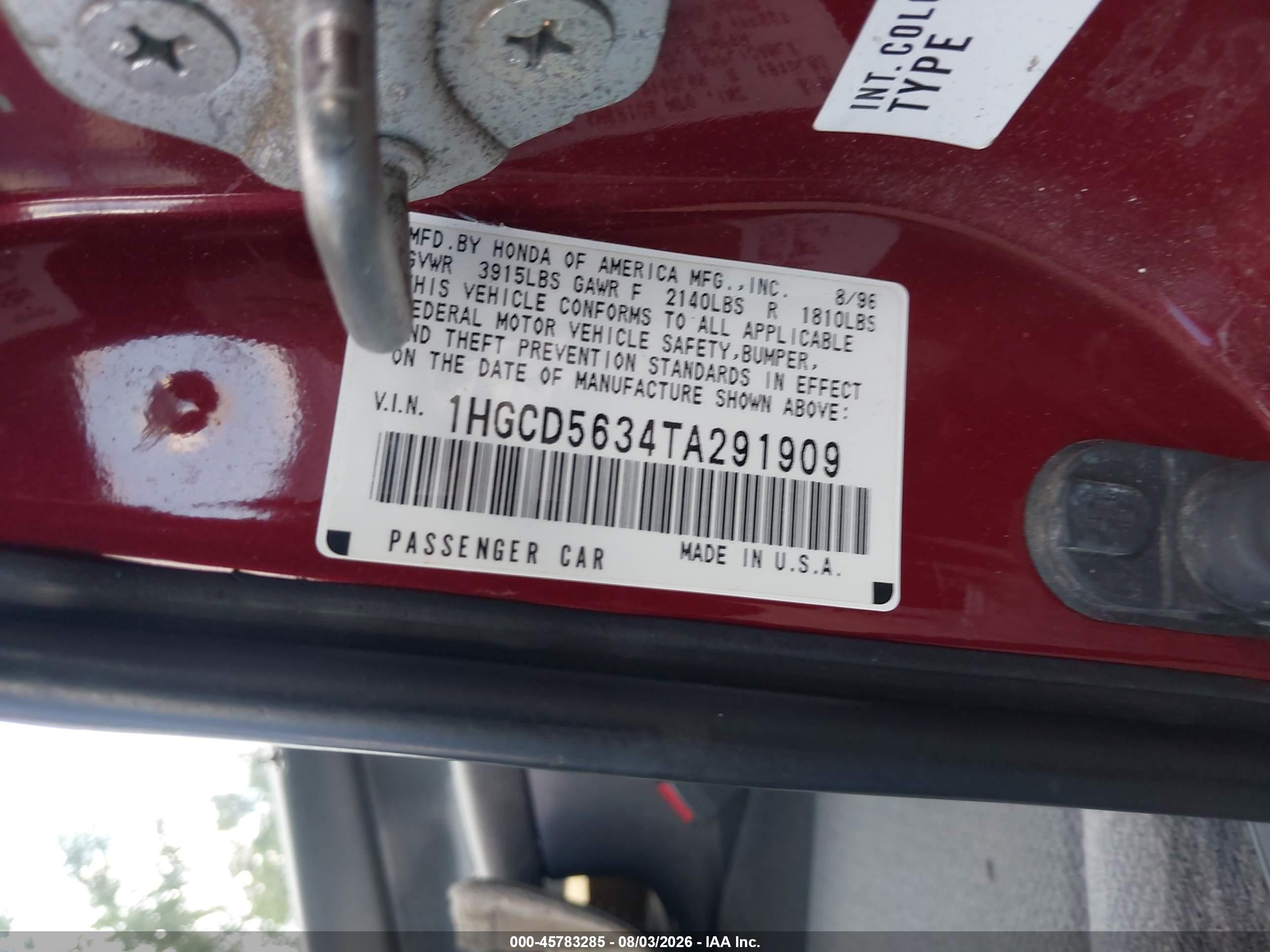 1996 Honda Accord Lx/ex Красный vin: 1HGCD5634TA291909
