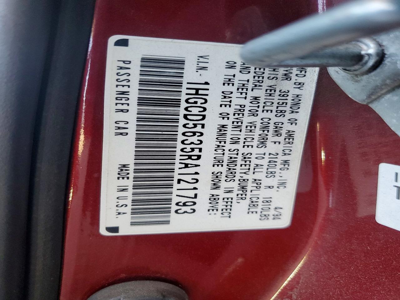 1994 Honda Accord Lx Burgundy vin: 1HGCD5635RA121793