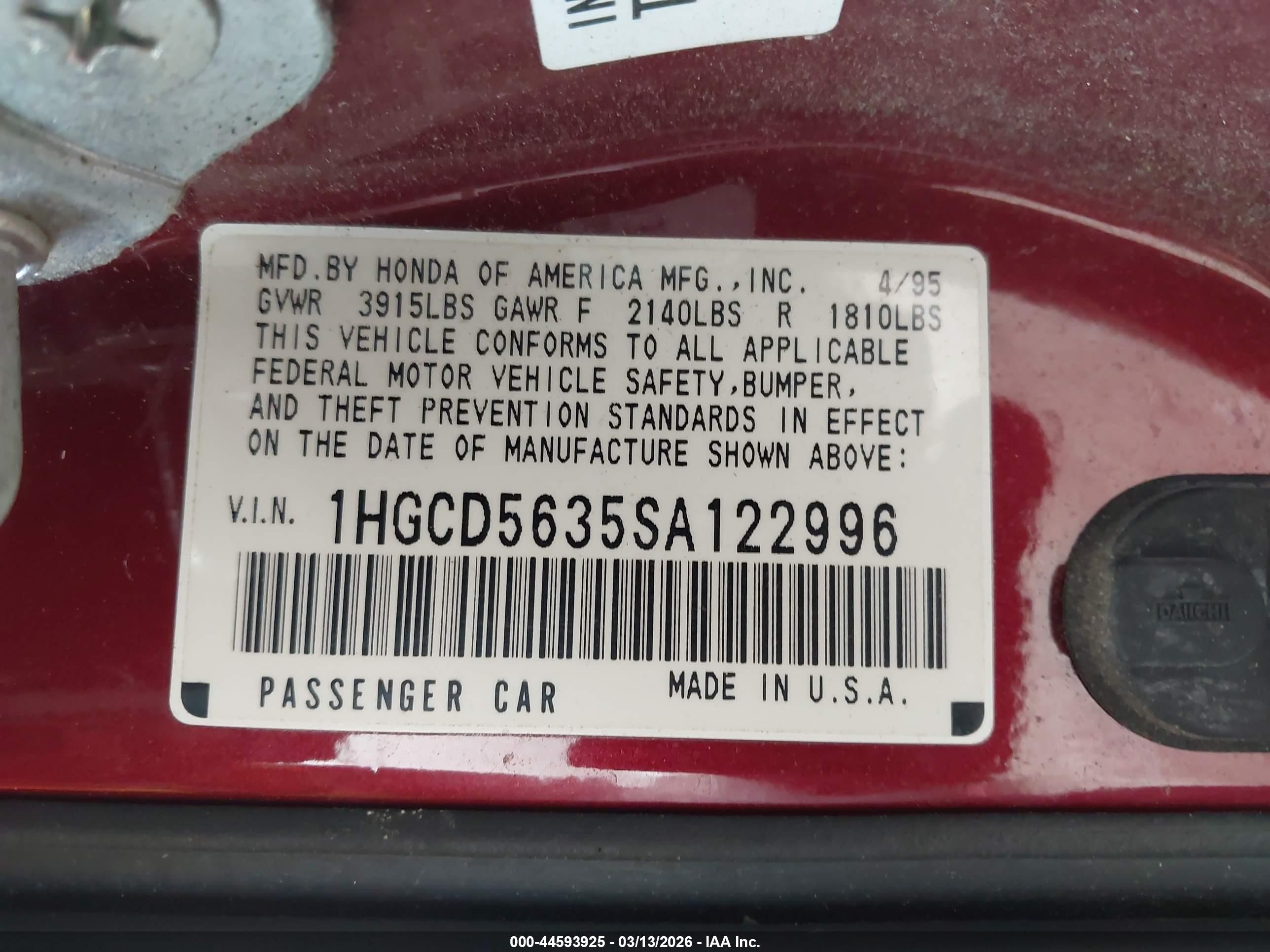 1995 Honda Accord Lx/ex Red vin: 1HGCD5635SA122996