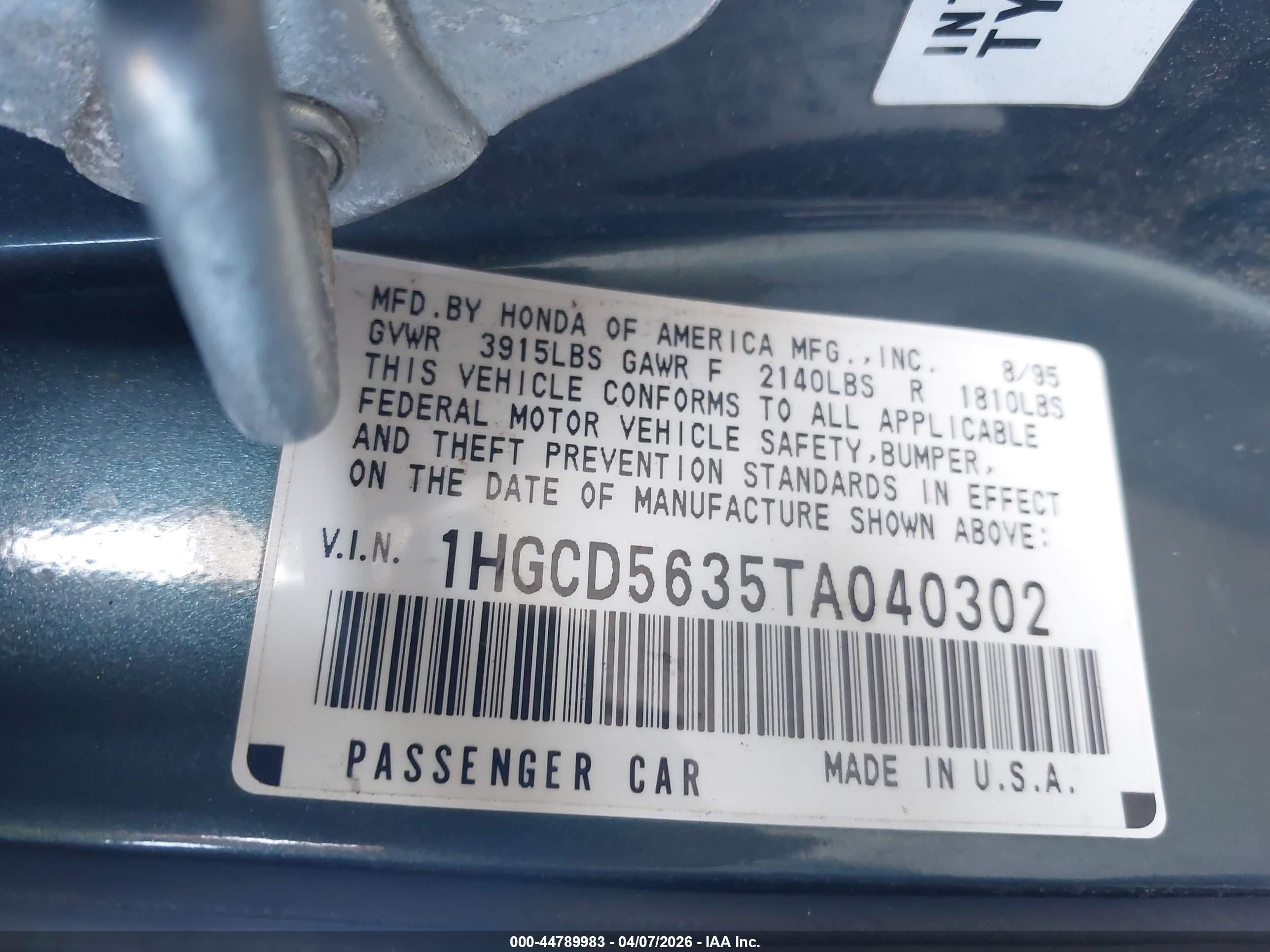1996 Honda Accord Lx/ex Зеленый vin: 1HGCD5635TA040302