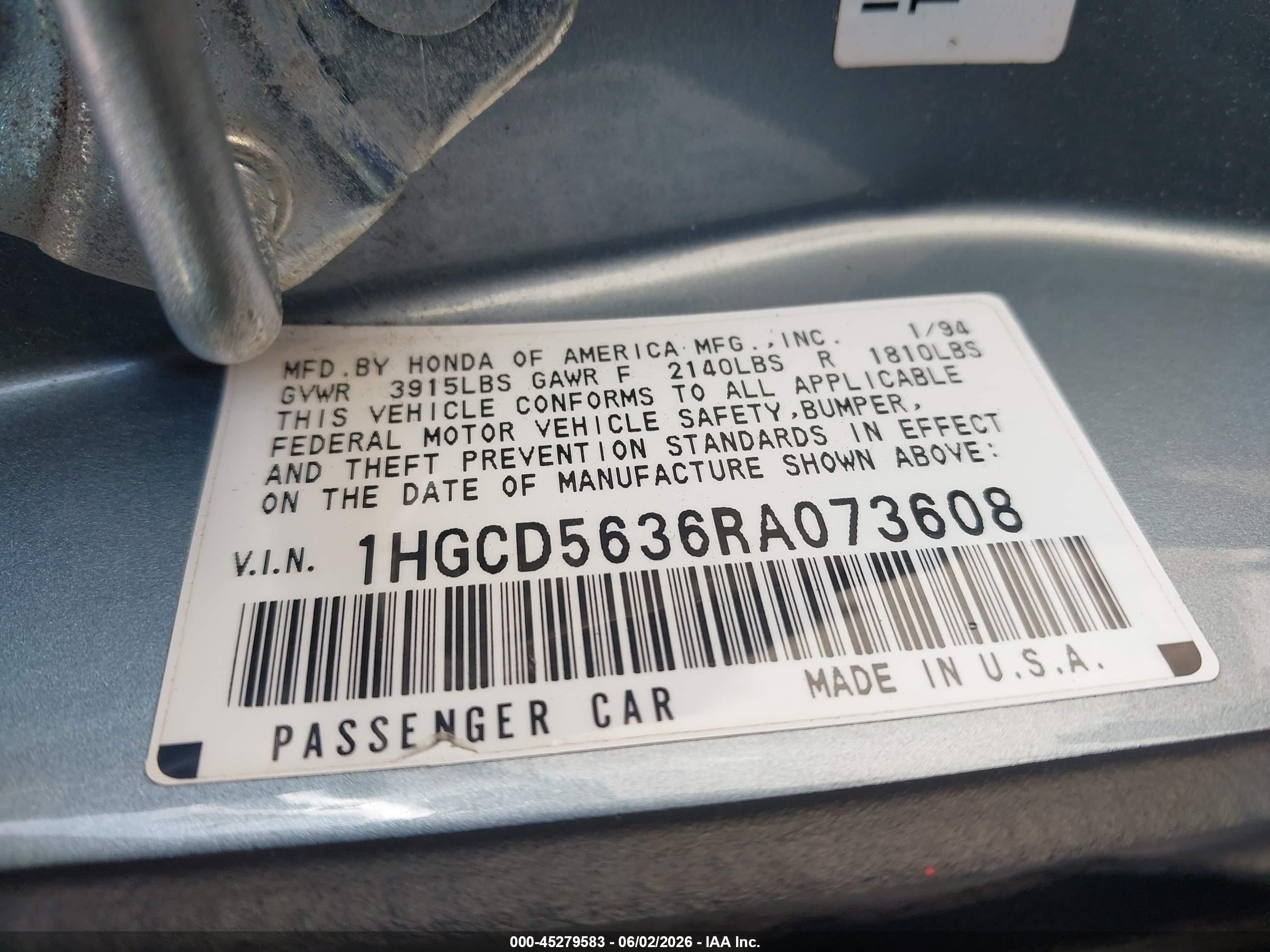 1994 Honda Accord Lx/ex Blue vin: 1HGCD5636RA073608