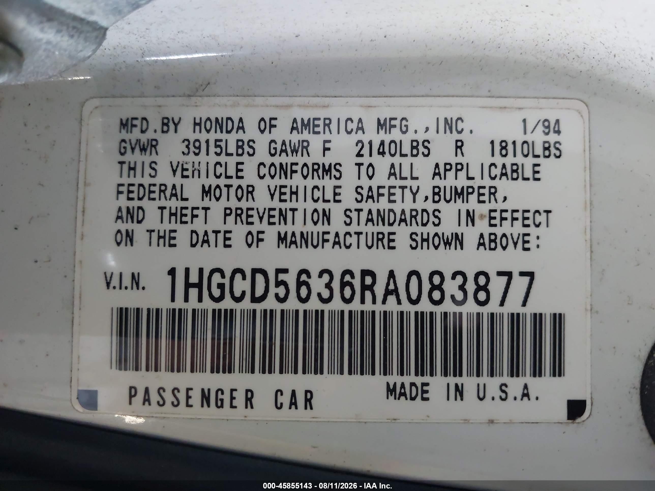 1994 Honda Accord Lx/ex White vin: 1HGCD5636RA083877