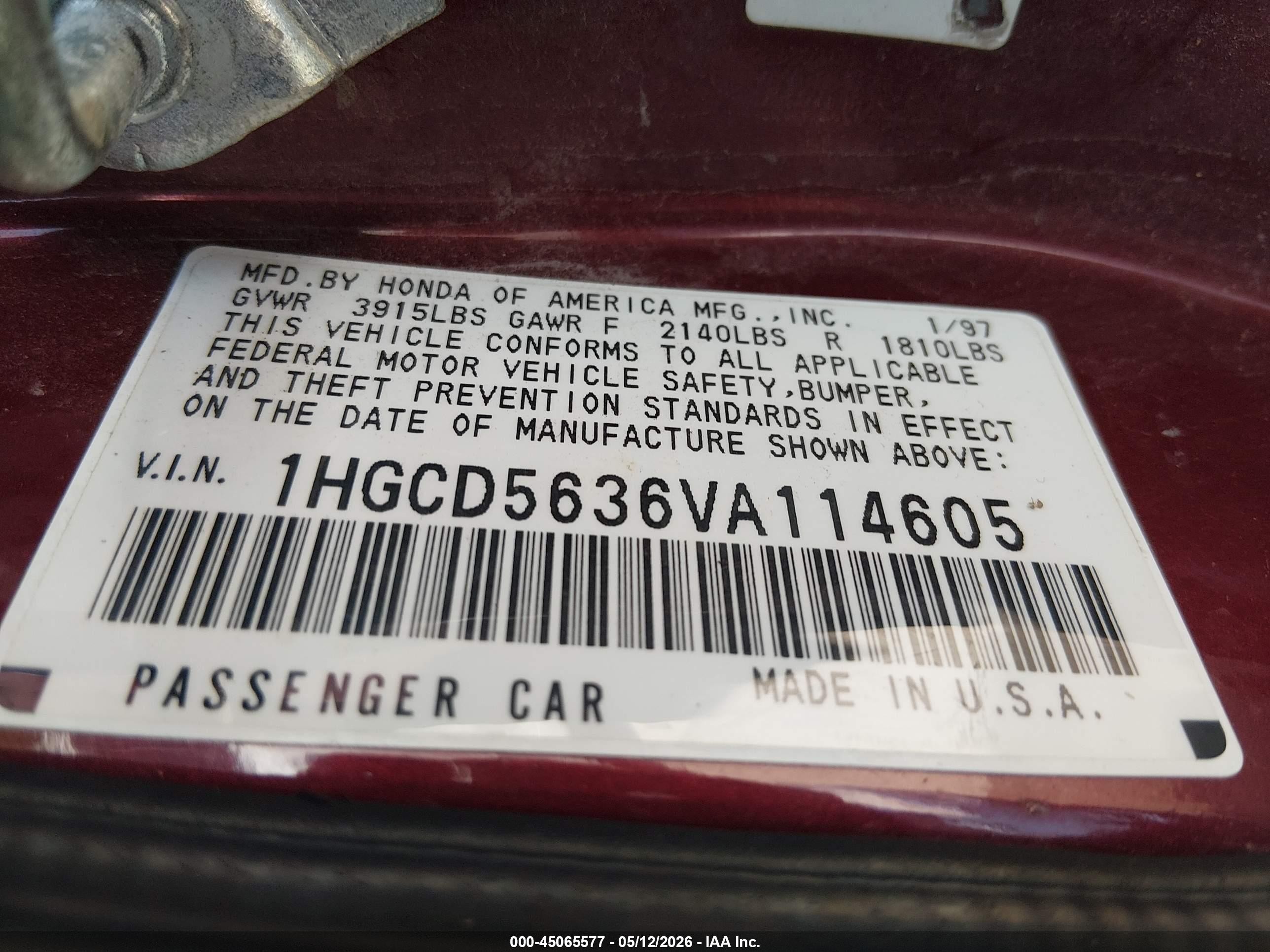 1997 Honda Accord Lx Red vin: 1HGCD5636VA114605