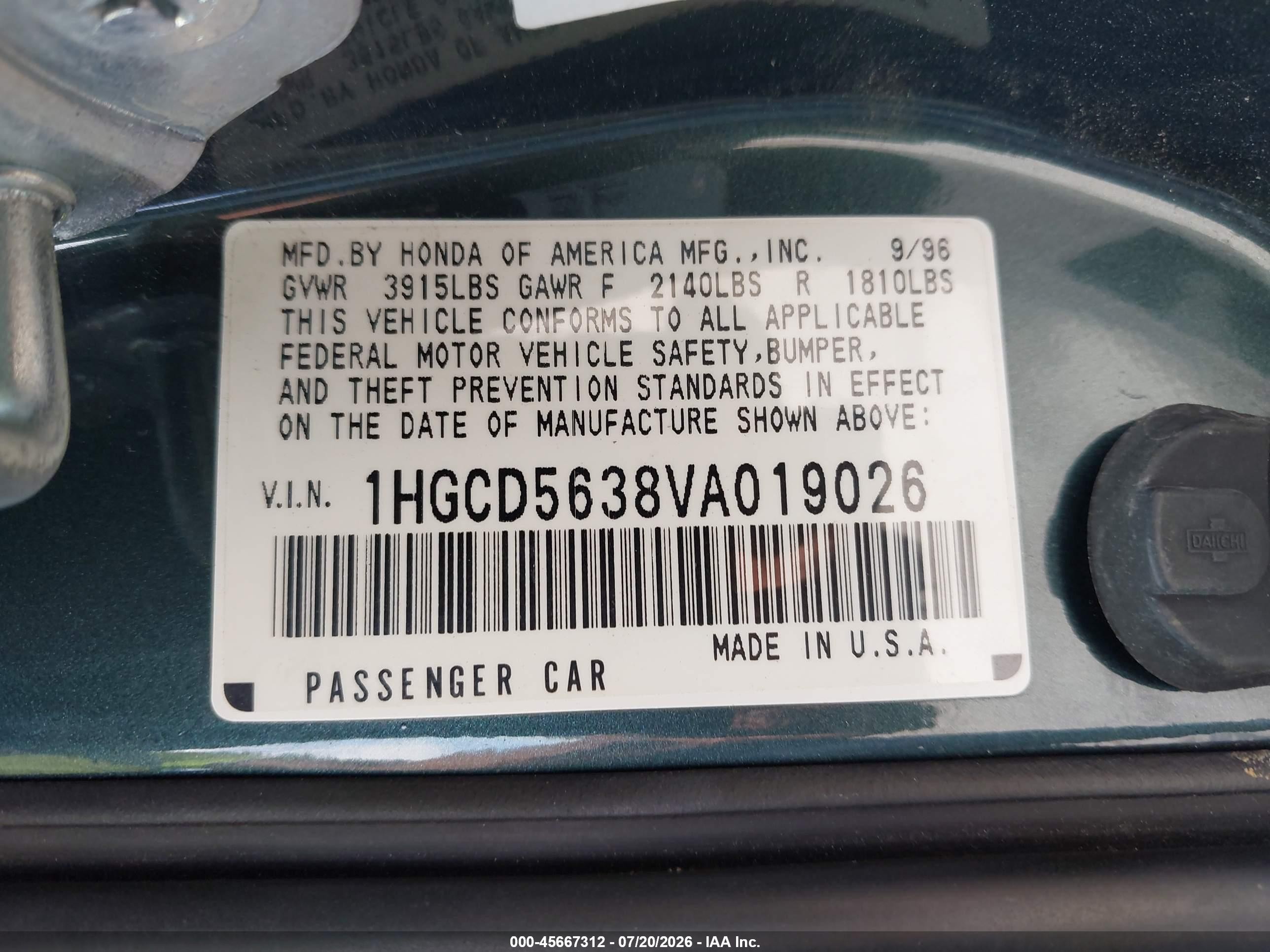 1997 Honda Accord Lx Light Blue vin: 1HGCD5638VA019026