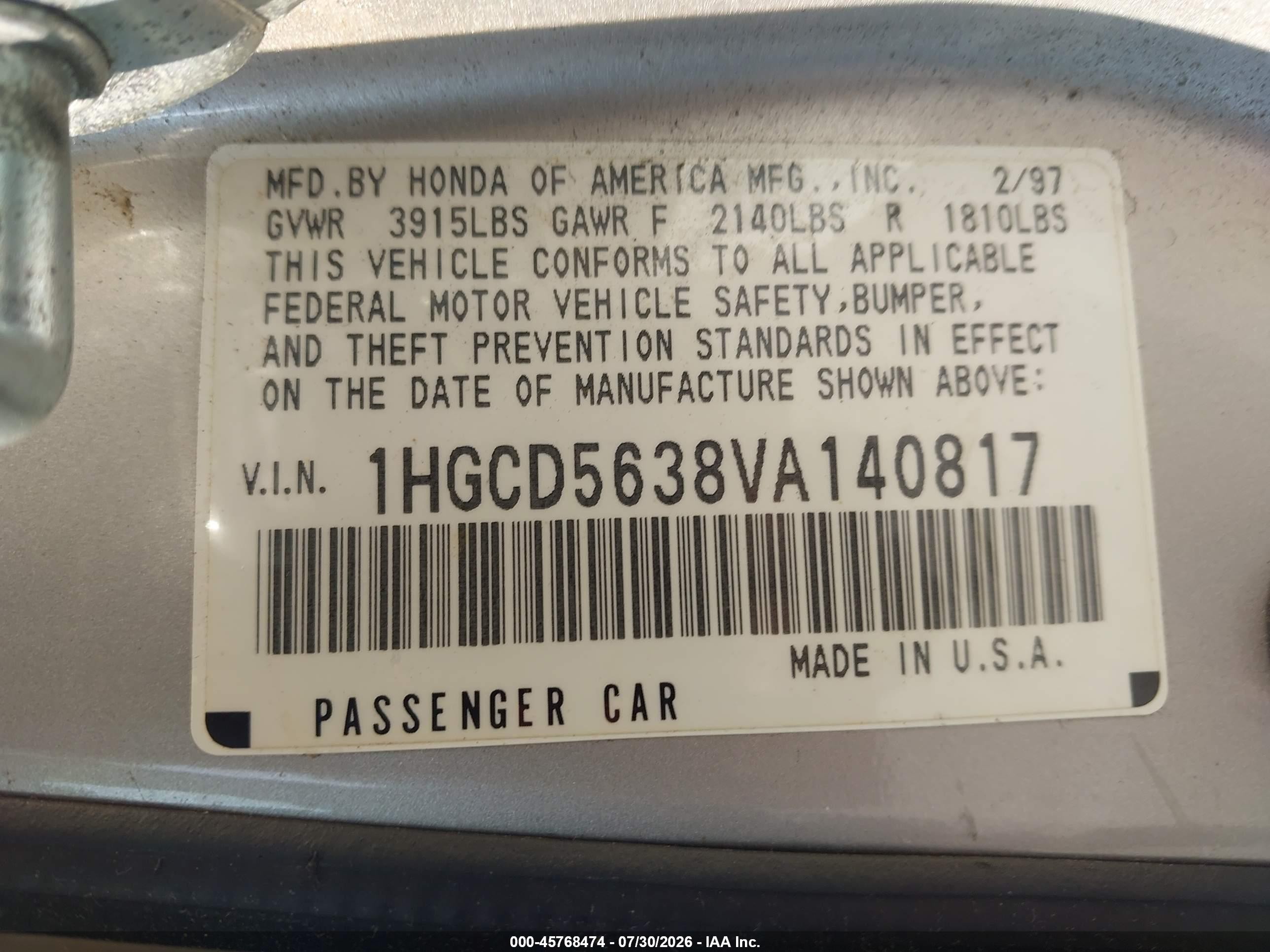 1997 Honda Accord Lx Gray vin: 1HGCD5638VA140817