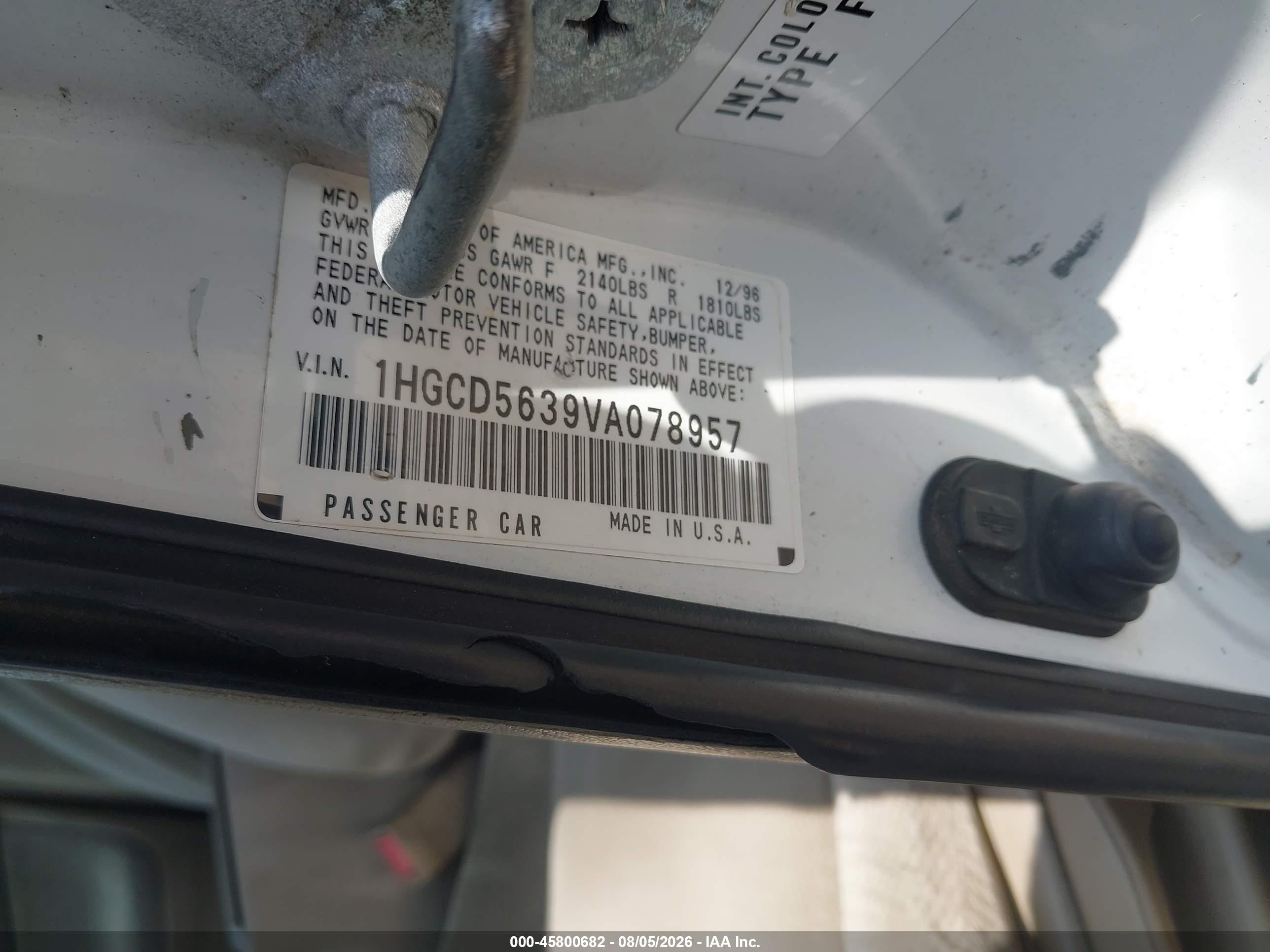 1997 Honda Accord Lx White vin: 1HGCD5639VA078957