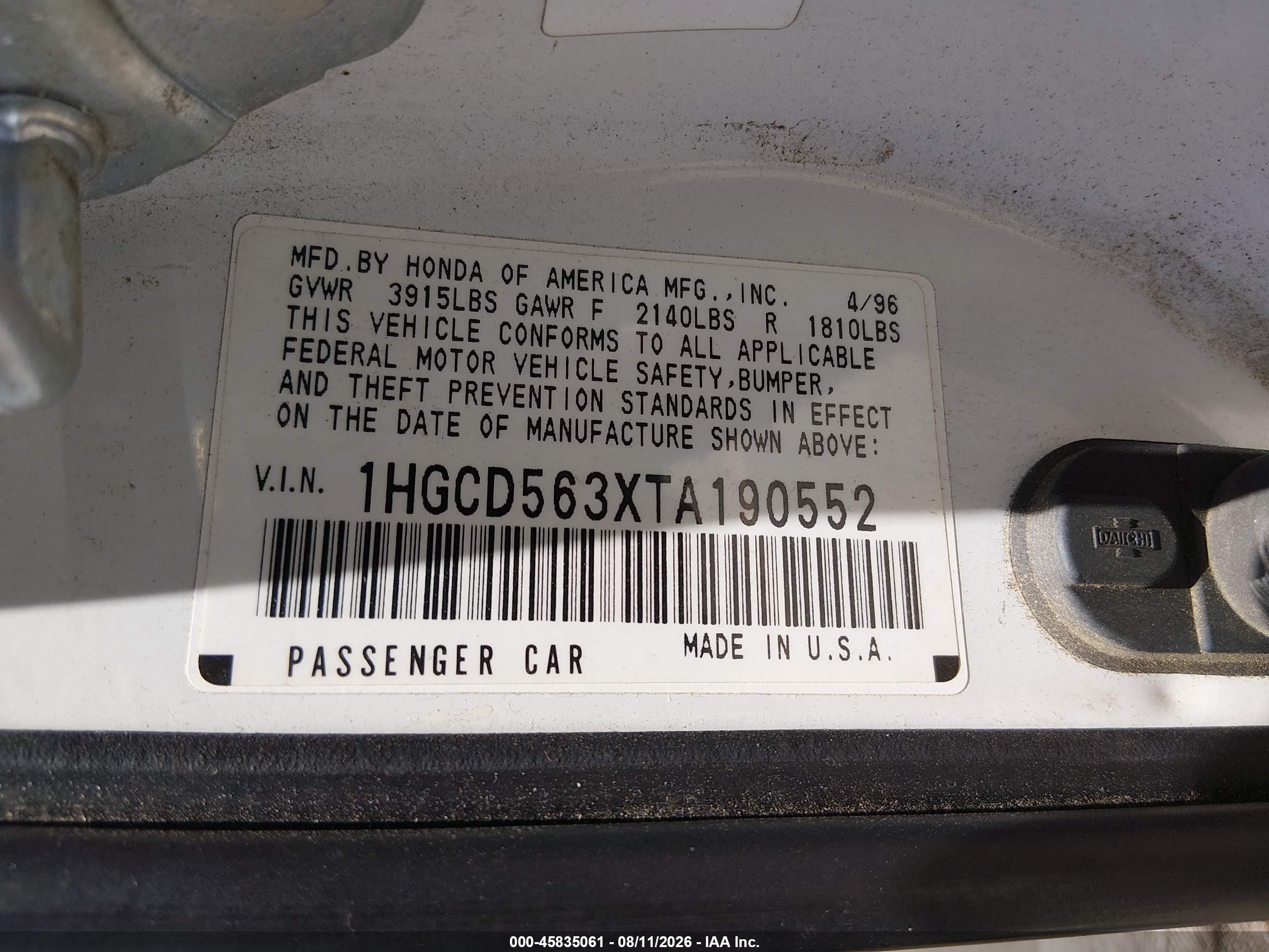 1996 Honda Accord Lx/ex White vin: 1HGCD563XTA190552