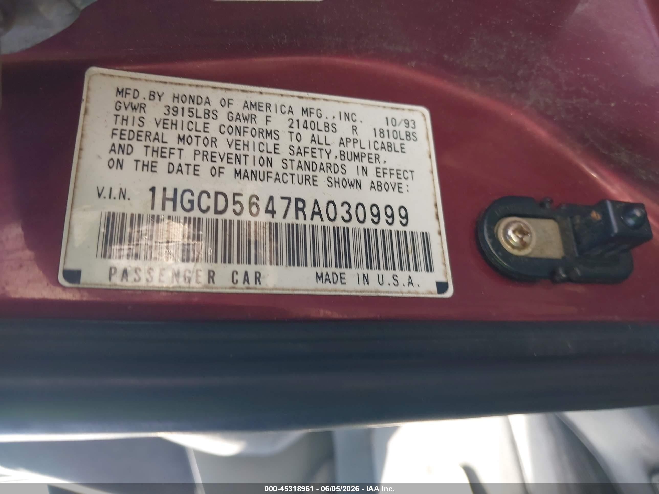 1994 Honda Accord Lx/ex Burgundy vin: 1HGCD5647RA030999