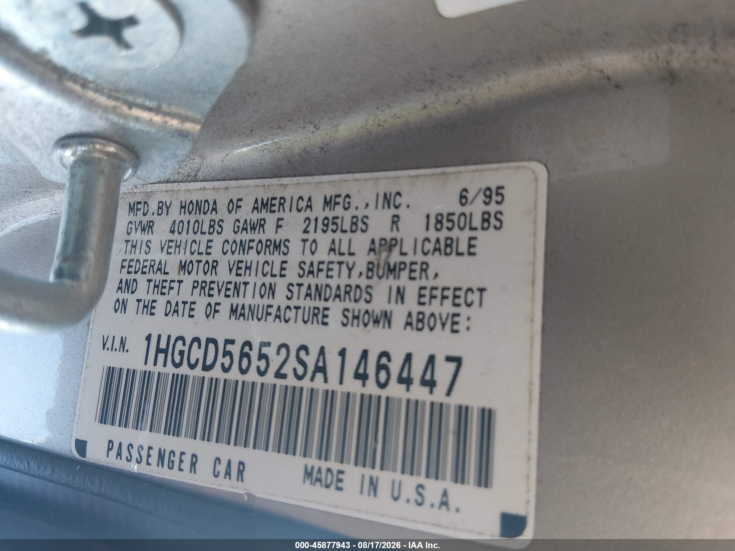 1995 Honda Accord Ex Silver vin: 1HGCD5652SA146447