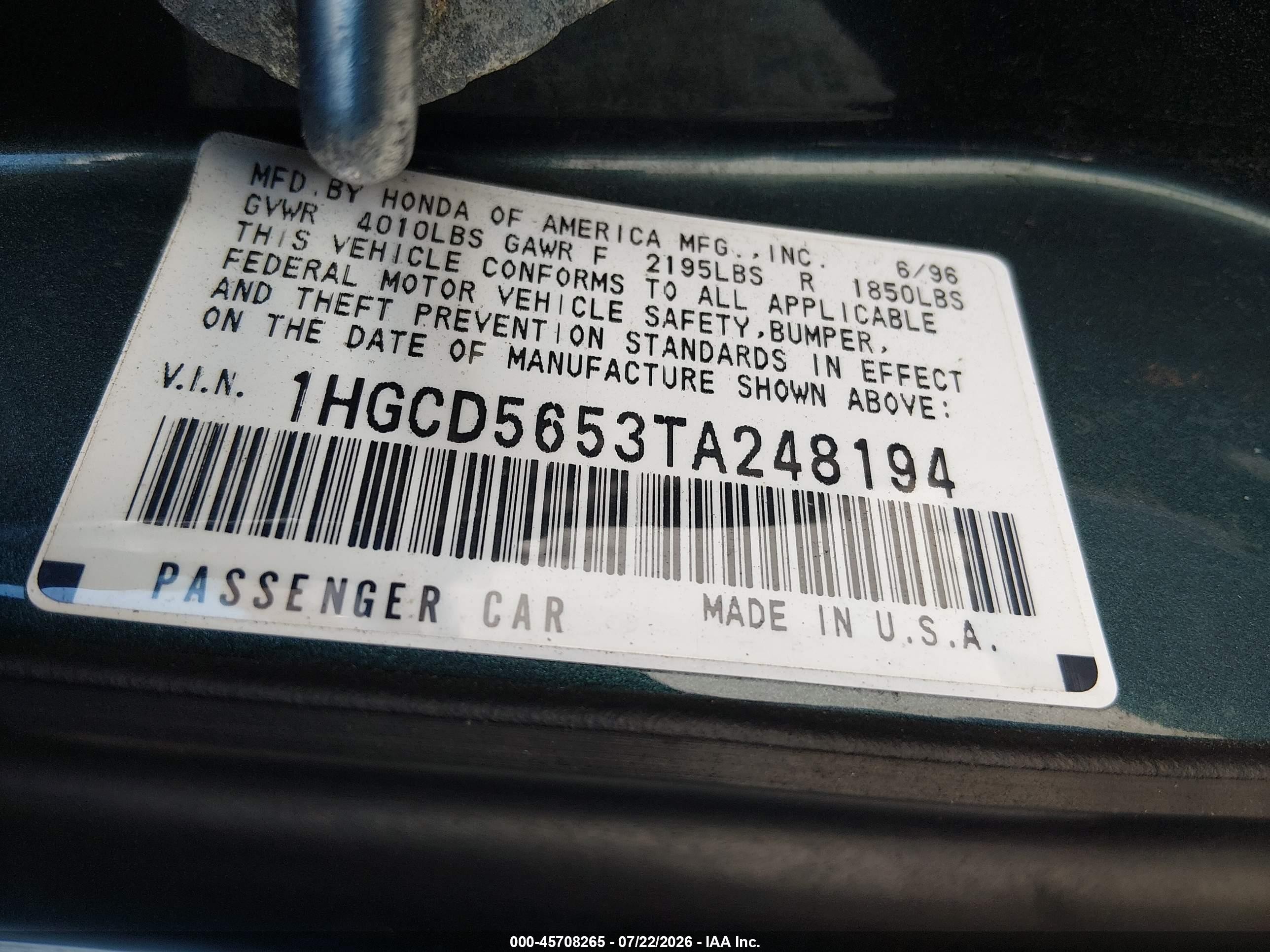 1996 Honda Accord Ex/ex-r Gray vin: 1HGCD5653TA248194