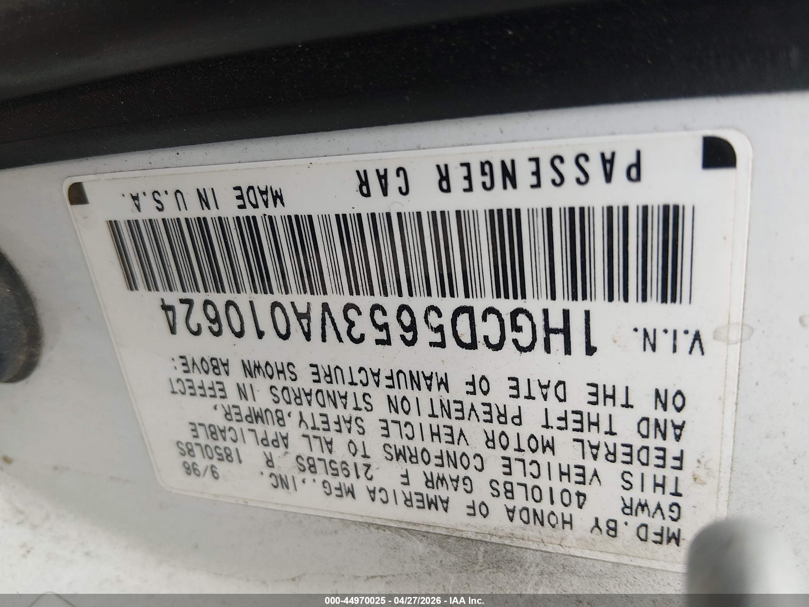 1997 Honda Accord Ex White vin: 1HGCD5653VA010624