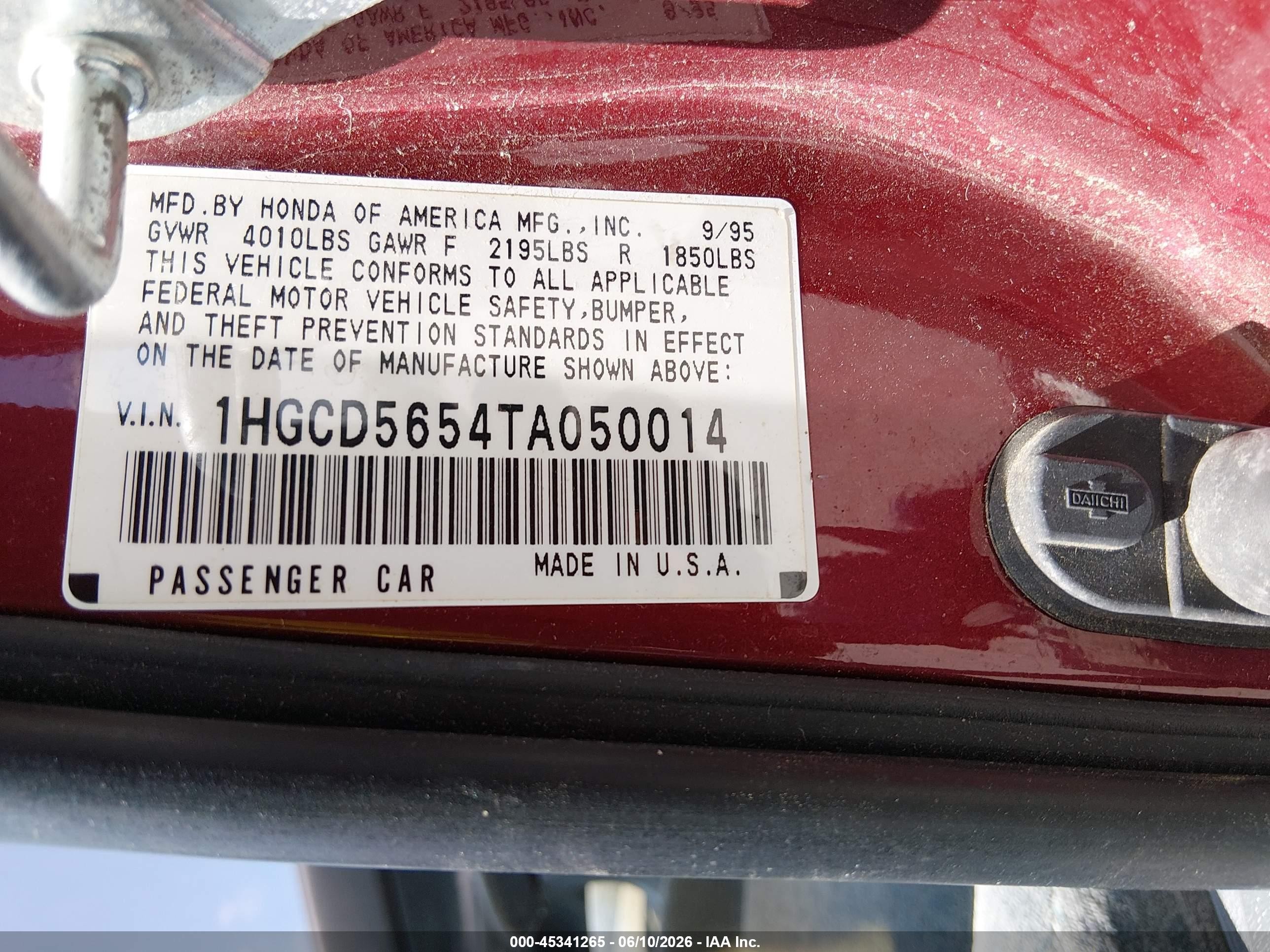 1996 Honda Accord Ex/ex-r Красный vin: 1HGCD5654TA050014