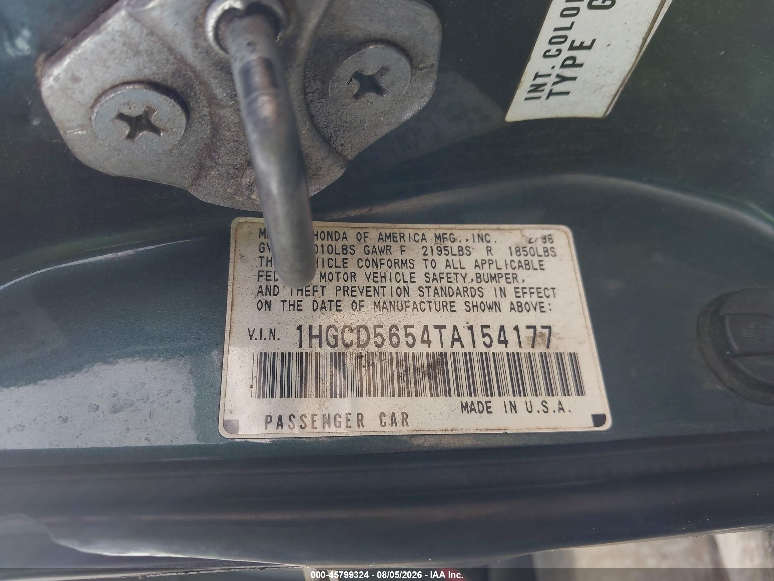 1996 Honda Accord Ex/ex-r Teal vin: 1HGCD5654TA154177