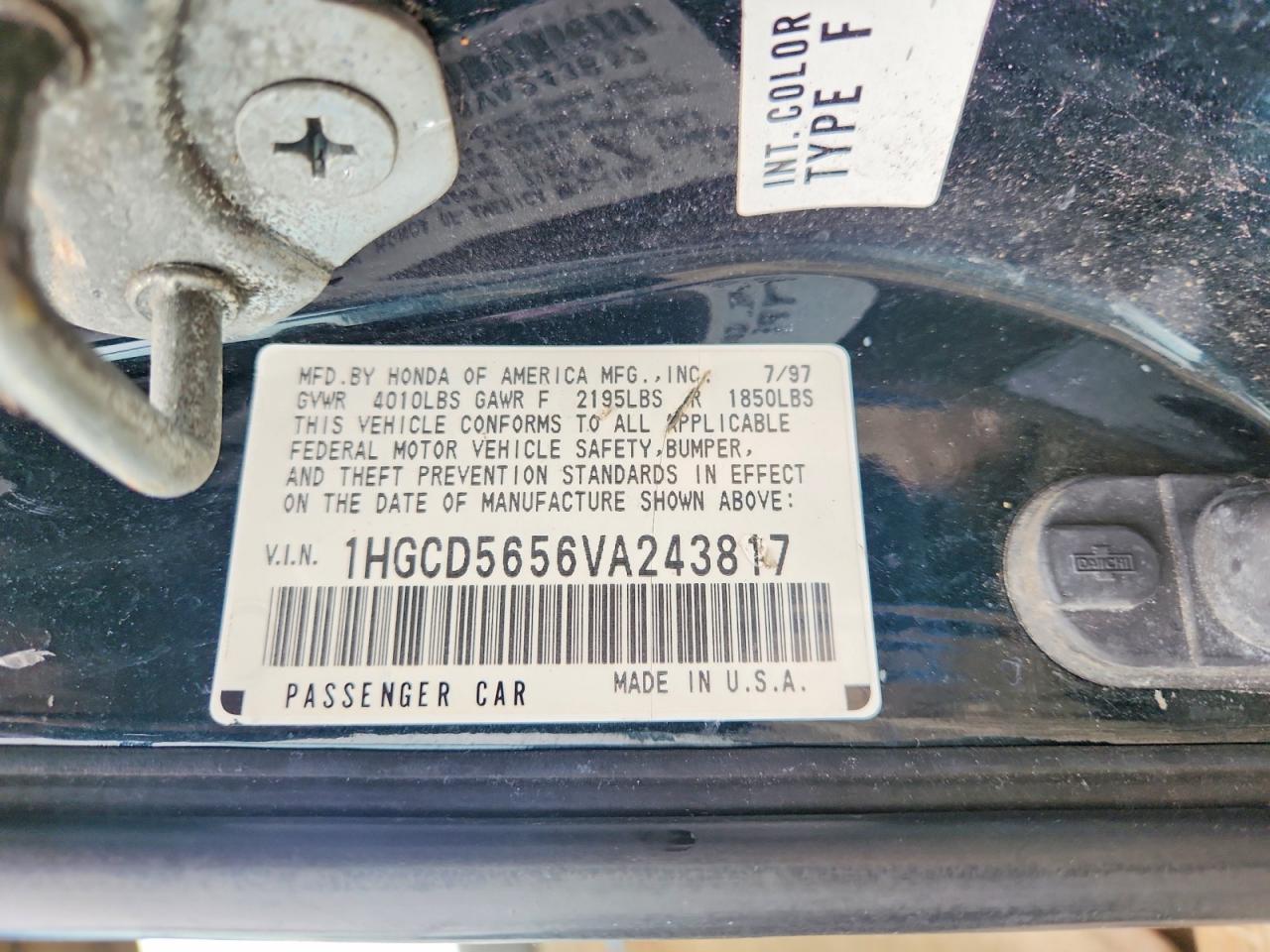 1997 Honda Accord Ex Green vin: 1HGCD5656VA243817
