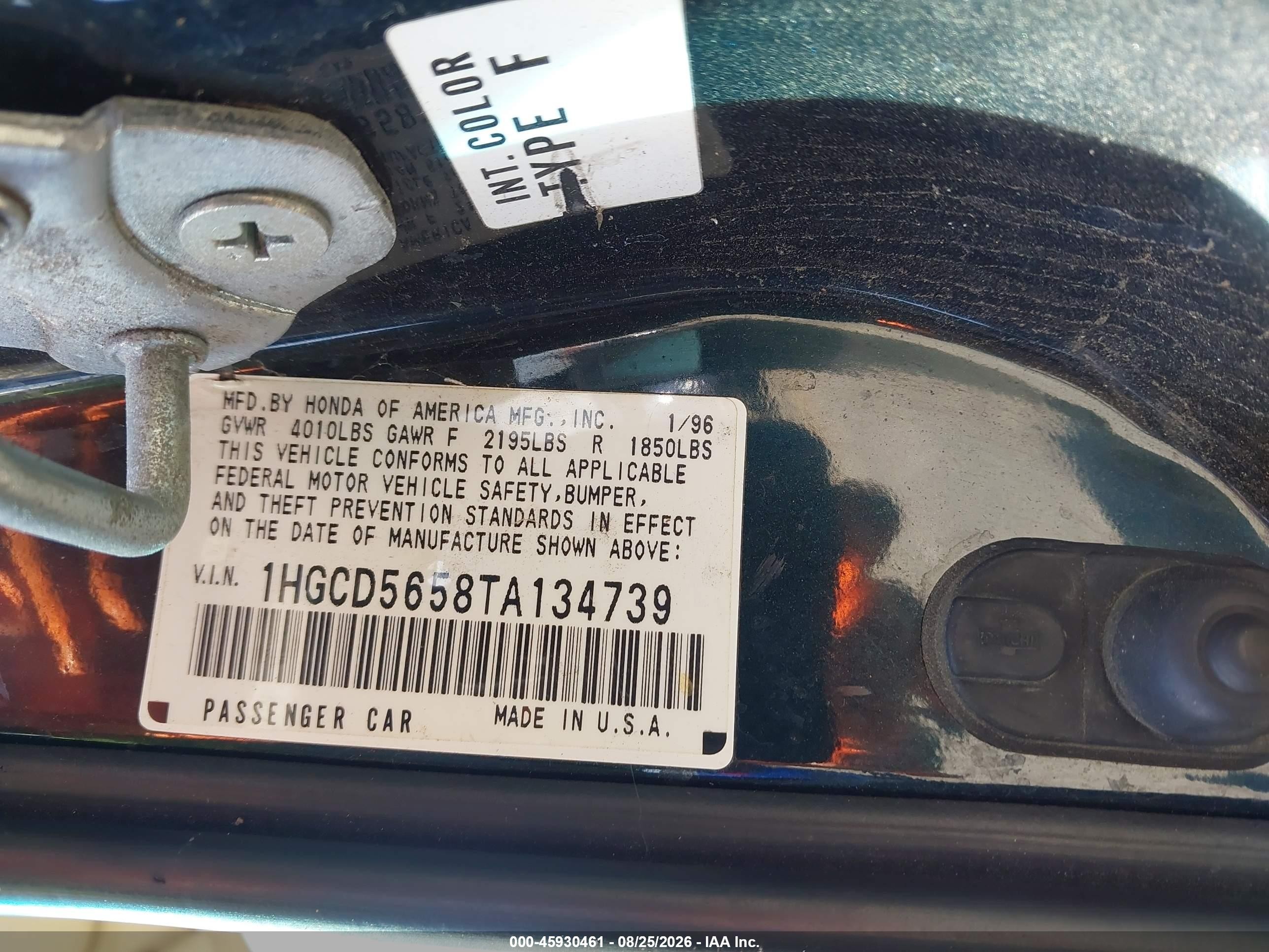 1996 Honda Accord Ex/ex-r Green vin: 1HGCD5658TA134739