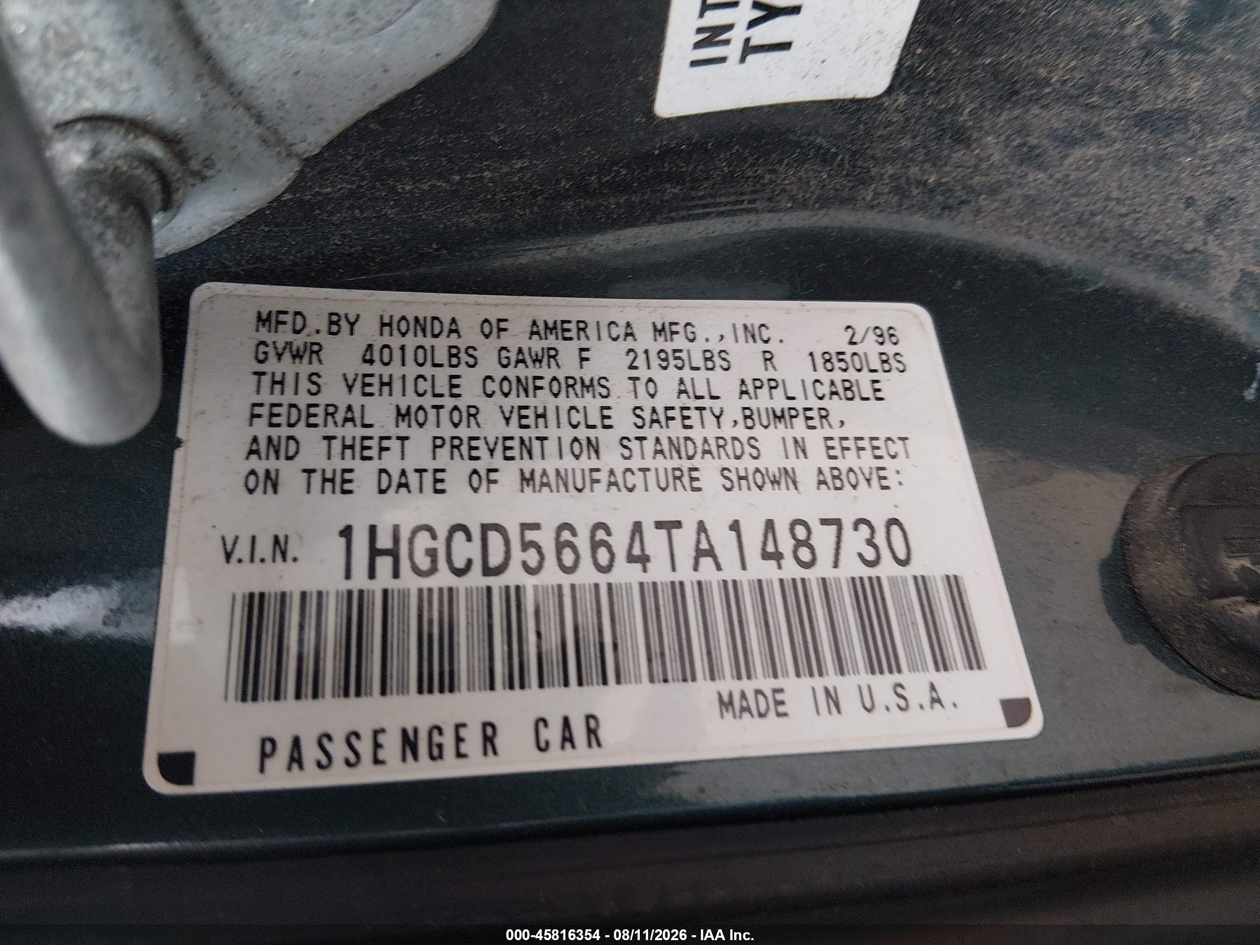 1996 Honda Accord Ex Blue vin: 1HGCD5664TA148730