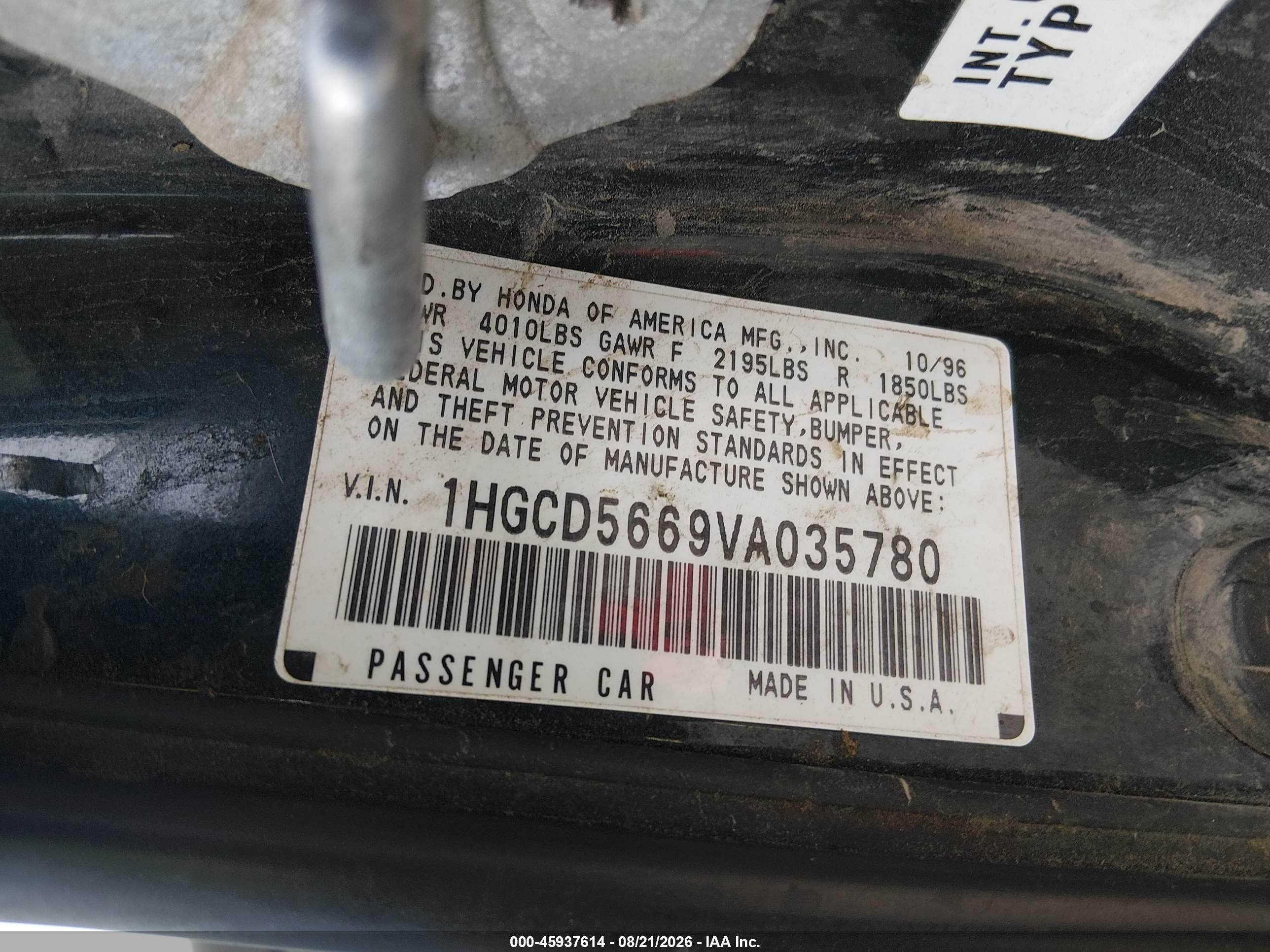 1997 Honda Accord Ex Green vin: 1HGCD5669VA035780