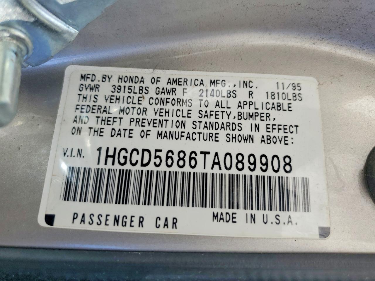 1996 Honda Accord Dx 25th Anniversary Silver vin: 1HGCD5686TA089908